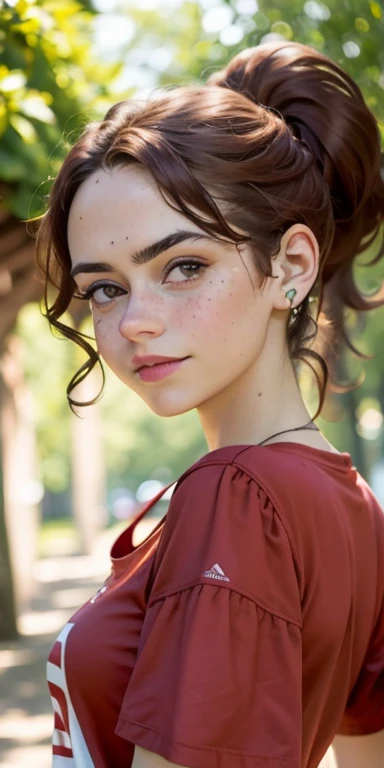 Photo of a -yeld Euean girl, .RAW, beautiful woman, (Light brown hair with ponytail hairstyle ), peinado de cola de caballo ((retrato)), ((Cara detallada:1.2)), ((Detailed facial features)), (Piel finamente detallada), Pale skin, ojos azules , con pecas en mejillas y pecho ,parque, Noria de Londres、lindo vestido rojo largo con escote , 、senos grandes , pechos grandes , usando zapatillas, gran sonrisa (cool color), humid, humid, Reflectores, (Masutepiece) (proporciones perfectas)(fotos realistas)(La mejor calidad) (Detallado) fotografiado con una EOS R5 de Canon, Lente de 50 mm, f/2.8, NffSW, (8k) (papel tapiz) (cinematic lighting) (Dramatic lighting) (foco nítido) (Enrevesado) , parque , cuerpo completo, hermoso cuerpo de mujer , pose de victoria, cara de felicidad , lindo maquillaje