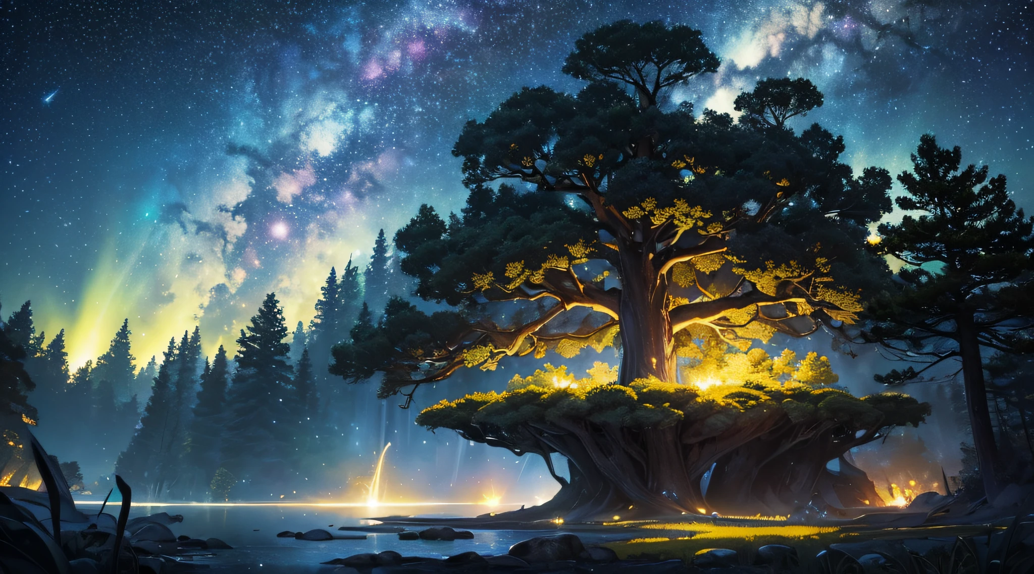 ​masterpiece、Background with((Fantastic starry sky、meteors、black hole))、Depth((Huge mysterious giant tree、It emits yellow light、plants))、a beauty girl、One-piece high-detail embroidery、Rear view、