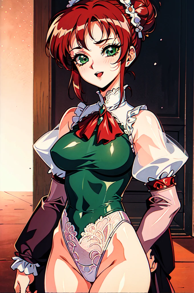 (masterpiece), best quality, highres, NSFW, 
girl, (traditional media, 80s:1.4), (eyelashes:1.5), 
(intricate high detailed body:1.2), (li:1.4), 
red hair, short hair, (twin messy bun), 
green eyes, 
lip stick, 
slender body, large breasts, 
(smirk:1.2), open mouth, 
neckwear, (white lace leotard with sleeves:1.1), 
(short frill skirt:1.1), see-through clothes, jewelry, 
cowboy shot, 
in royal palace,