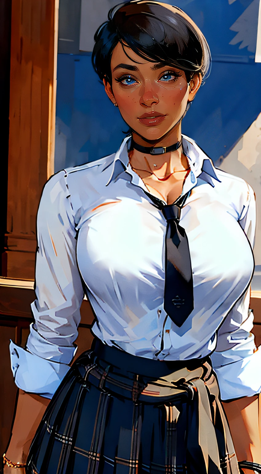 ch3rryg1g, masterpiece, best quality, 1girl, black choker, black necktie, dark skin, Tomboy, short hair, pixie cut, blue skirt, blush, bracelet, clothes around waist, collarbone, open collared shirt, cowboy shot, dress shirt, ear piercing, eyebrows visible through hair, grin, gyaru, jewelry, kogal, long hair, looking at viewer, loose necktie, necktie, piercing, plaid, plaid skirt, pleated skirt, ring, school uniform, shirt, skirt, smile, solo, white shirt, fashionable, woman, outfit, posing, confident, expression,