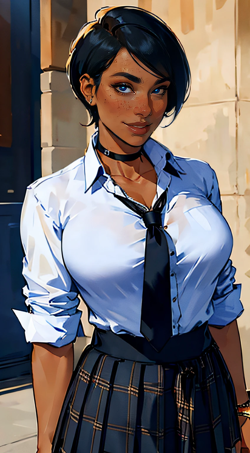 ch3rryg1g, masterpiece, best quality, 1girl, black choker, black necktie, dark skin, Tomboy, short hair, pixie cut, blue skirt, blush, bracelet, clothes around waist, collarbone, open collared shirt, cowboy shot, dress shirt, ear piercing, eyebrows visible through hair, grin, gyaru, jewelry, kogal, long hair, looking at viewer, loose necktie, necktie, piercing, plaid, plaid skirt, pleated skirt, ring, school uniform, shirt, skirt, smile, solo, white shirt, fashionable, woman, outfit, posing,