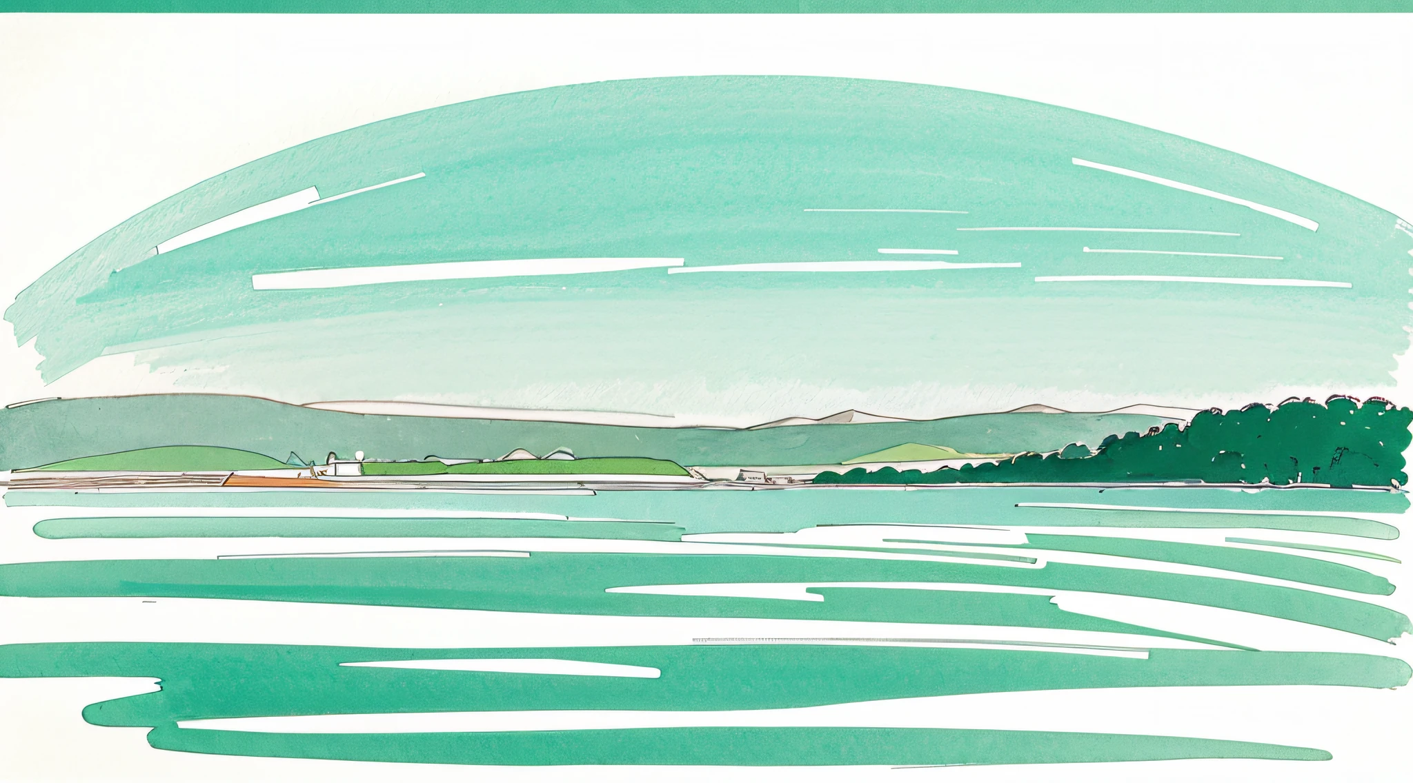 Green theme: Gouache line diagram, Sketch the landscape, Full screen, environment friendly, Blue water on a white background