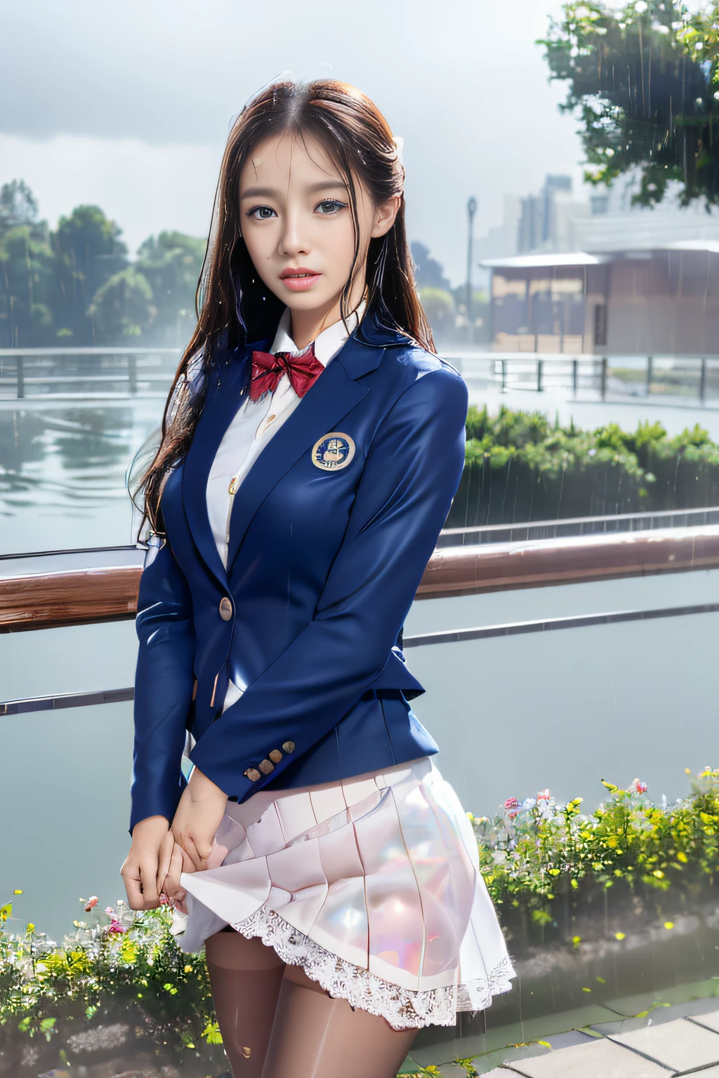best qualtiy,tmasterpiece,hight resolution,1girll,dingdall effect,realisticlying,edge lit,two tone lighting,(highdetailskin:1.2),8K UHD,pure,Dolce,flowers background,Colorful background,Based on physical rendering,Perfect Light and Shadow,extreme hight detail,Pink tones,eye reflections,Raised sexy,perfect bodies,Superb Beauty,largeeyes,long eyelasher,Delicate eyes,(blue eyess)、big shiny eyes,Small pupil reflex,Shoulder and neck details,The texture of the pupil is delicate,Perfect eyes,black pupils,best qualtiy,tmasterpiece,16 K,a picture,head portrait,Bigchest,Medium size breasts,Delicate avatars,((Little girl trotting through a lakeside park)),((female students、校服),((Wet Navy Blue Blazer、Front opening、emblem on breasts))、)(Wet translucent white blouse)、(Loose red bow tie)、(Translucent wet white flared skirt),(Black pantyhose),(Black loafers)、(Troubled face)、(Cloudy sky outside)、((Blowing in the rain and wind))、((Holding the skirt with your hands))、(Forward leaning position)(Wet hair flutters)、((Skirt soars))、(Lifted skirt),((Holding the skirt with your hands)),((White lace underwear is visible)),(she is soaking wet)