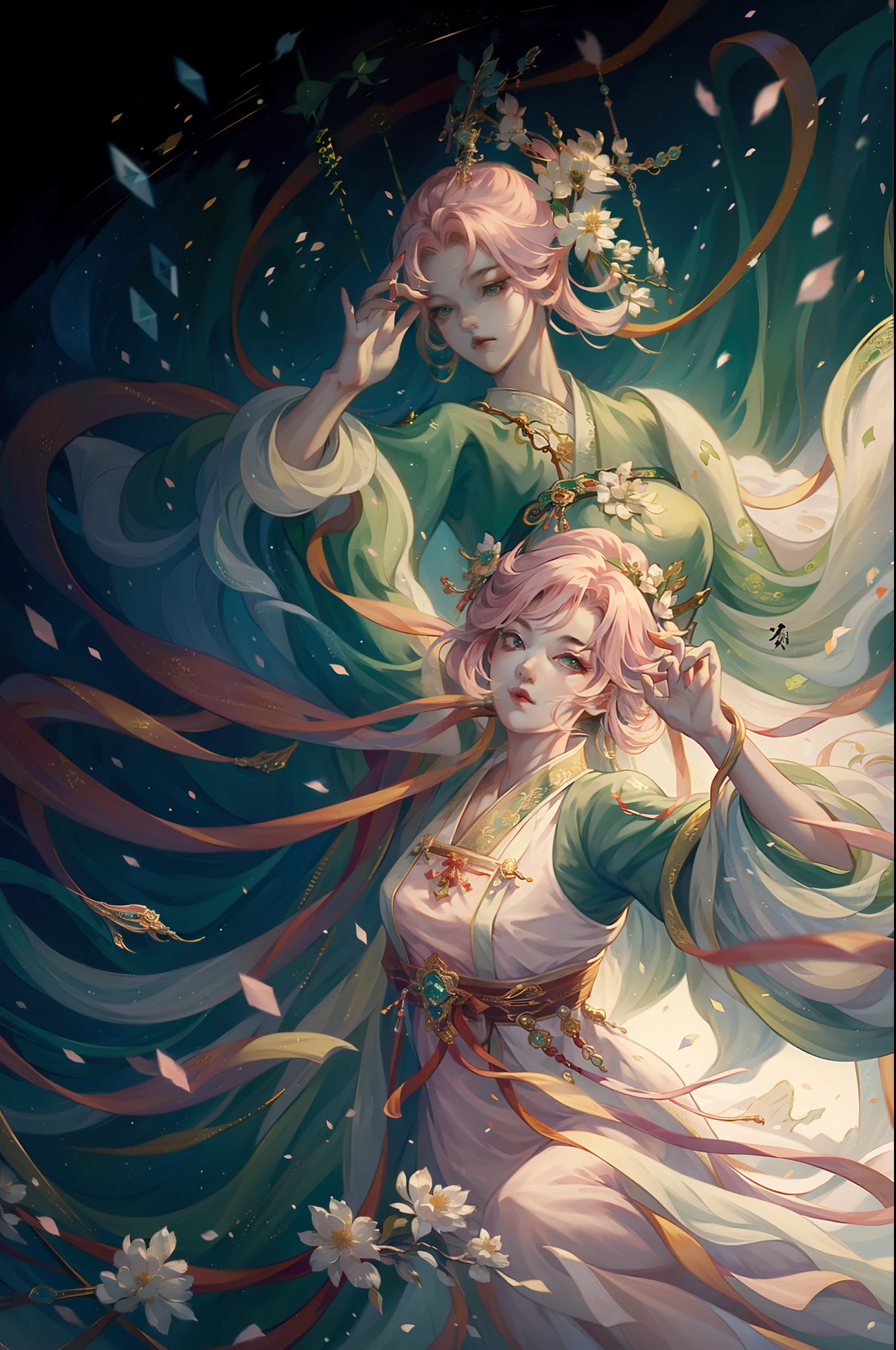 one-girl， Ancient Chinese clothing，Light pink and green hanfu， rays of sunshine， Clear face，A half body， Clean white background， tmasterpiece， super detailing， Epic composition， hyper HD， high qulity， extremely detaile， offcial art， Uniform 8K wallpaper， super detailing， 32K ，3D Effects -- v 6