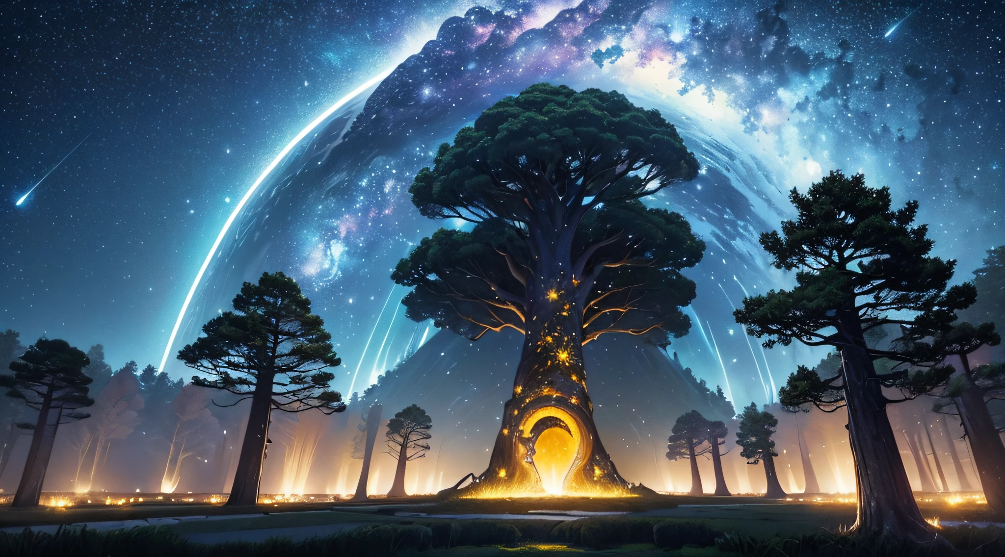masterpiece、Background with((Fantastic starry sky、meteors、black hole))、Depth((Huge mysterious giant tree、It emits yellow light、plants))、a beauty girl、One-piece high-detail embroidery、