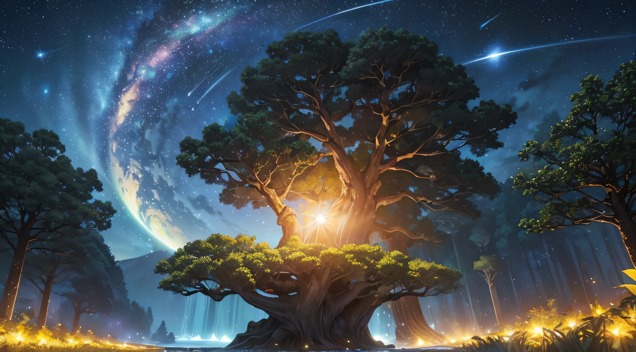masterpiece、Background with((Fantastic starry sky、meteors、black hole))、Depth((Huge mysterious giant tree、It emits yellow light、plants))、a beauty girl、One-piece high-detail embroidery、