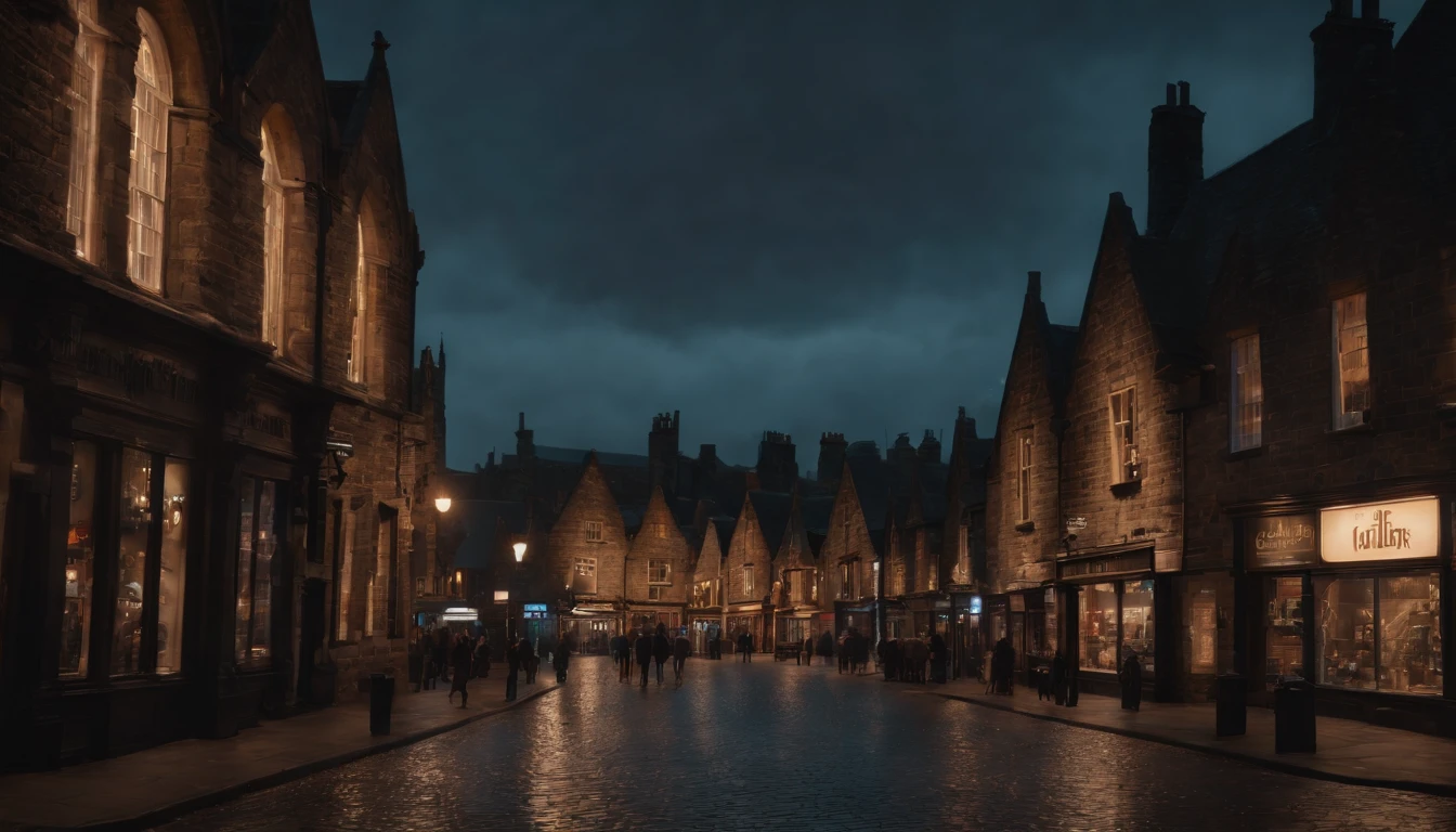 Center of a medieval Scottish city, inspired by Edinburgh and Glasgow. It has neon lighting in stores, similar to cyberpunk style. Night scene, noir and dark atmosphere.