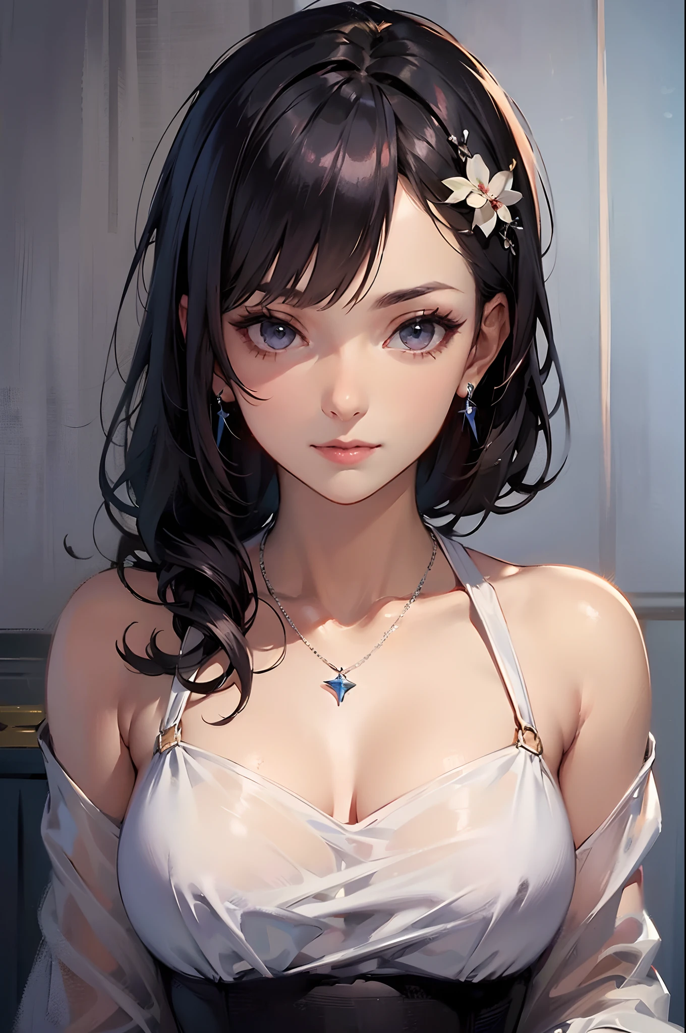 sankta. Luigi (luxurious wheels) (azur lane), 1girll, hair adornments, Earrings, necklace, Portrait, Silver dress, Clothing that exposes, view the viewer, Solo
