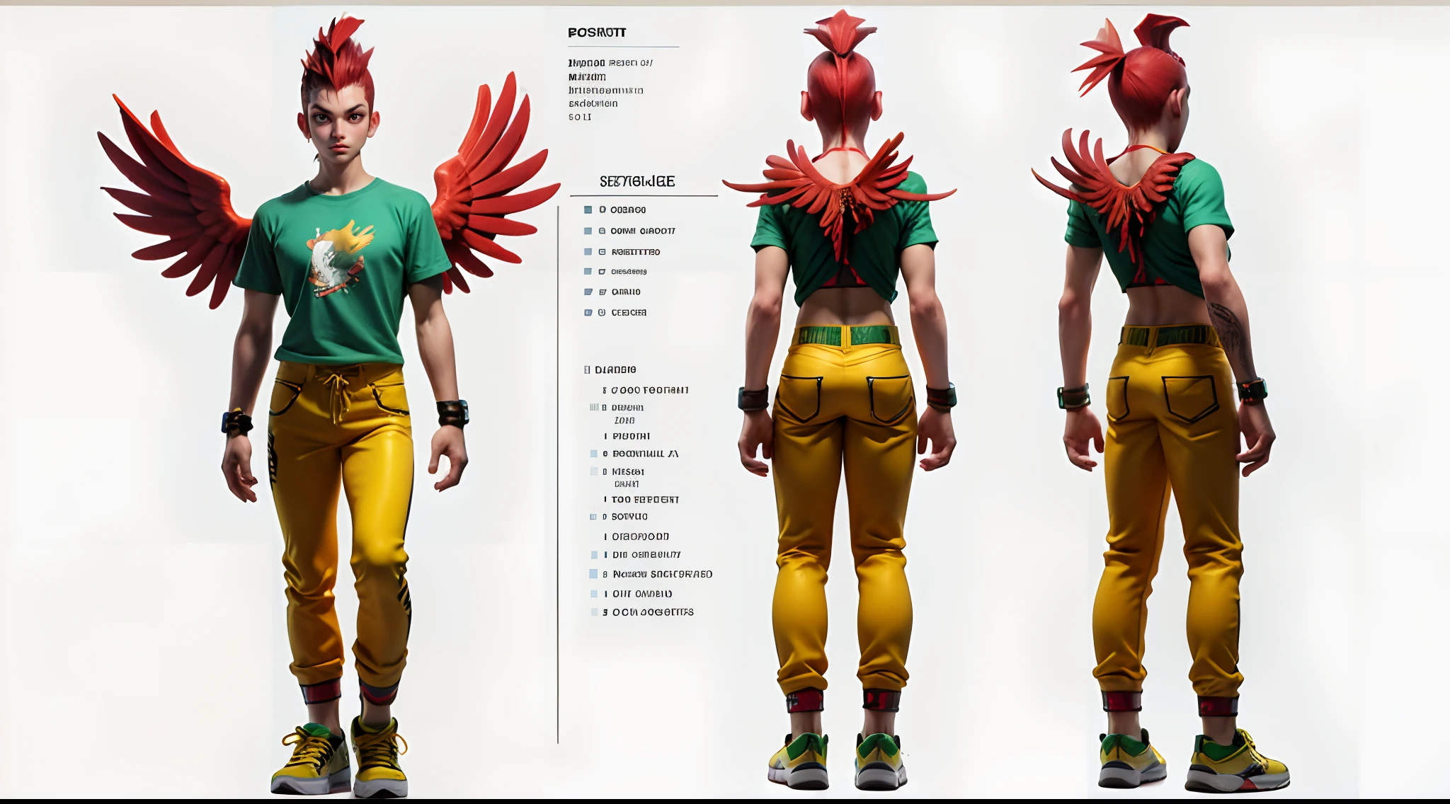Boy with a long red mohawk, Large-eyed rooster character, Green T-shirt with wings on the back, yellow pants, Yellow sneakers, 16-year-old, Standing, 3 View Drawings, side and Front and back, Character Sheet, Full body, Simple white background, character reference sheet, Concept art, design sheet, Character Design, full body adoptable