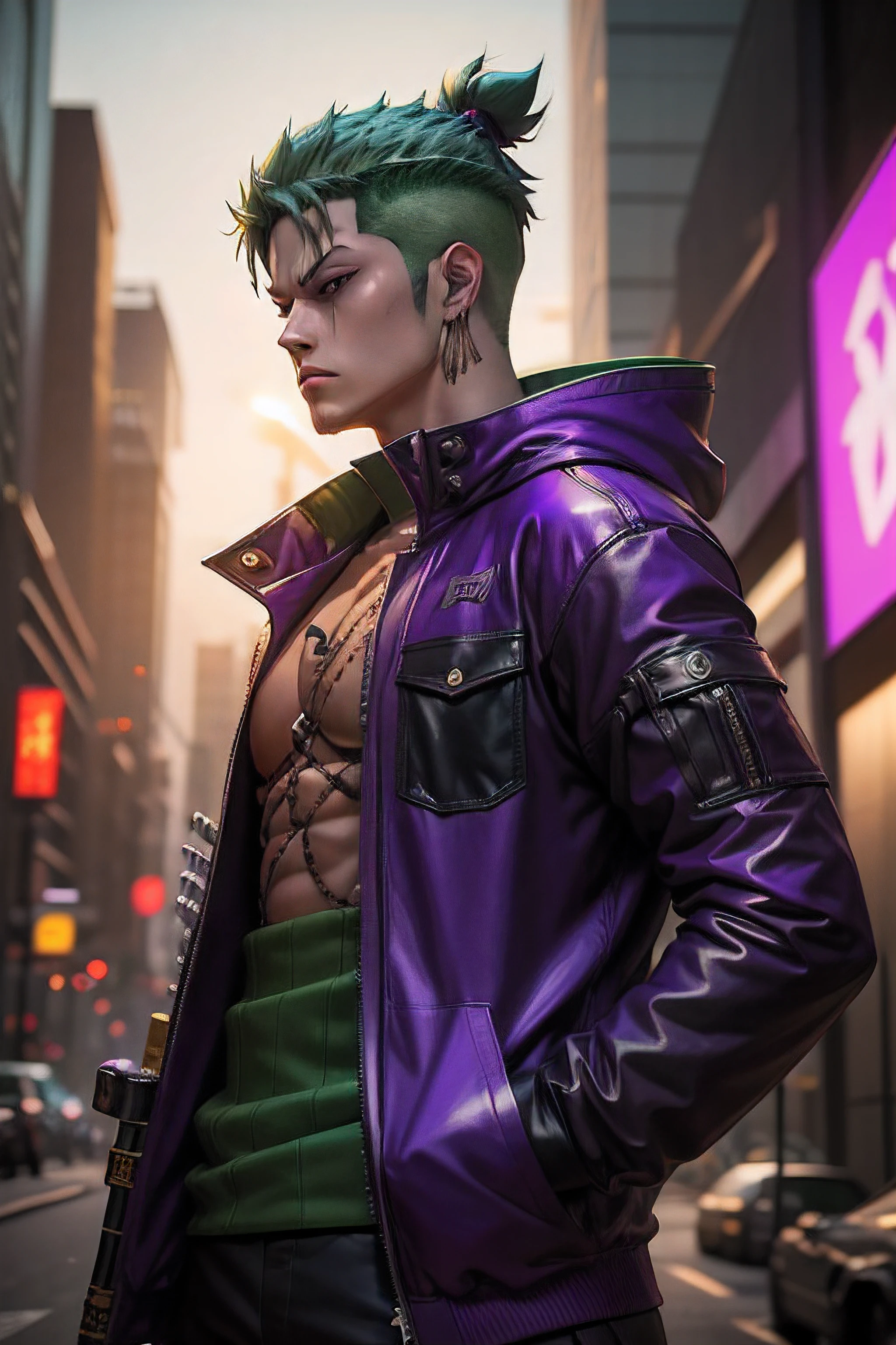 a man with Green hair and a purple jacket holding a Katana, cyberpunk art inspired by Munakata Shikō, tumblr, digital art, ufotable art style, anime wallaper, profile picture 1024px, trigger anime artstyle, badass anime 8 k, One Piece, 4k anime wallpaper, ((Zoro)) Zoro of OnePiece,