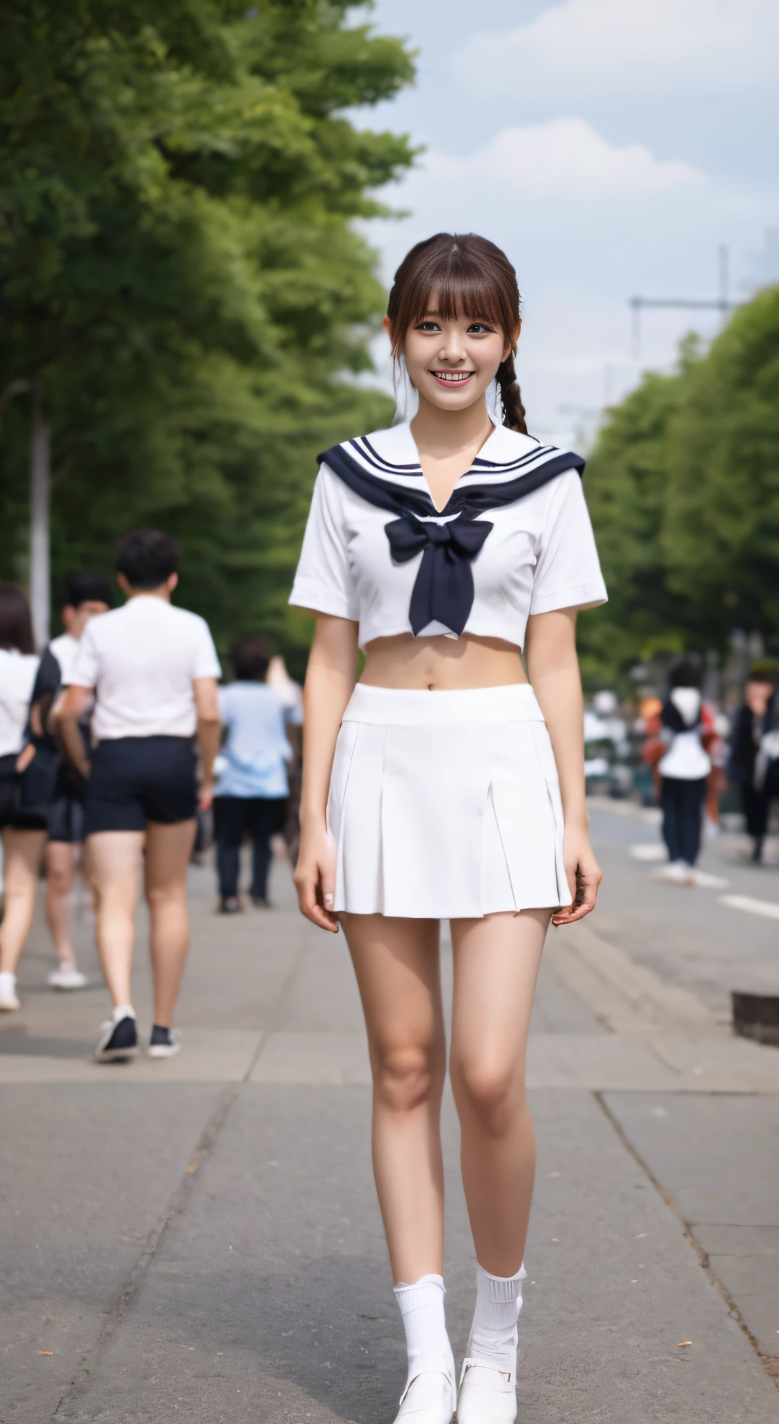 Ultra high-definition images,In the street,fullbody image, 1girl in, Solo, , White top and bottom sailor suit,Full Body Image Cloud, Brown hair, High-Definition Lens,fullbody image, Smile and turn to me，Facing here,fullbody image,You can see the Sky Tree in the background.,fullbody image,