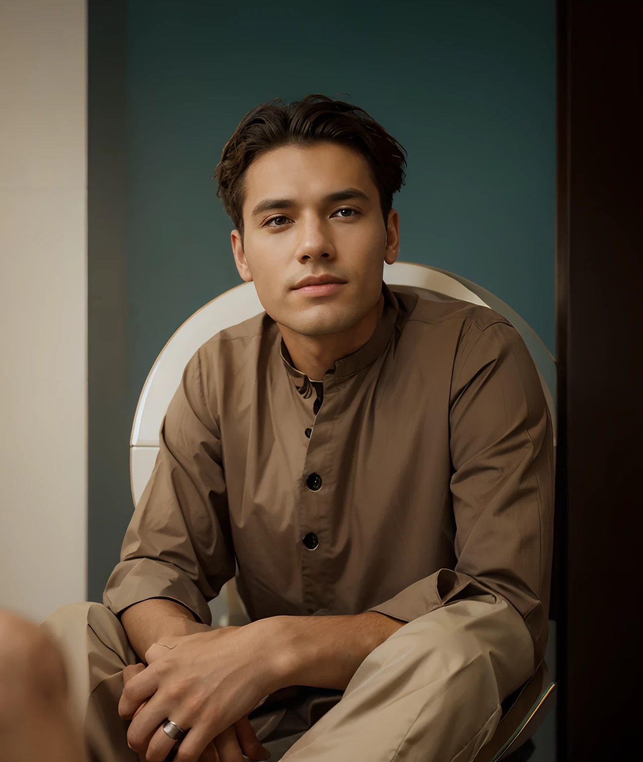 Boy sit on chair with coffee futuristic background realist face