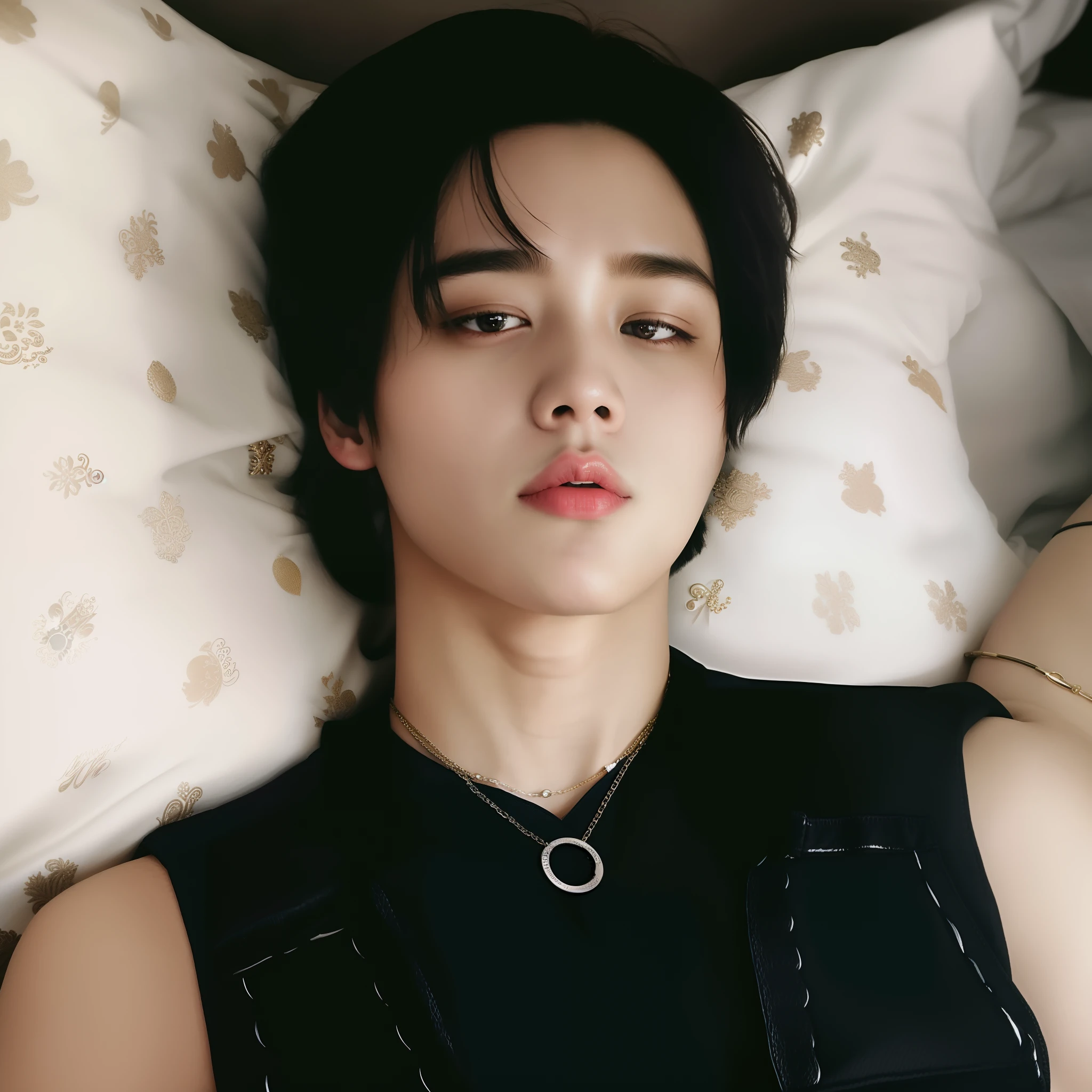 Asian man smoking a cigarette on a bed with a white shirt Jimin\Plump lips, Jimin\'s right eyelid swollen, Jimin\Nariz grego, Parque Jimin, Delicate prince , Rosto Jimin preciso,