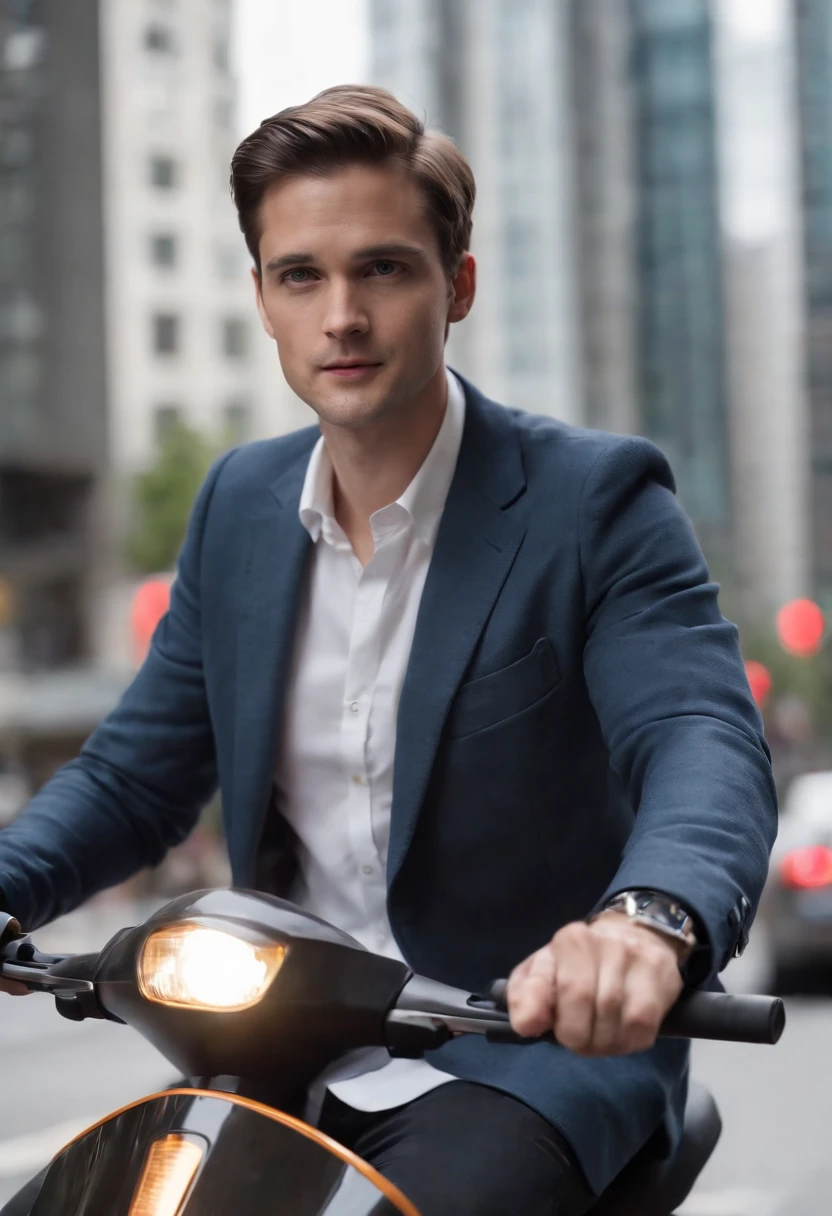 A photo of Spiegel, man, riding a high-speed futuristic electric scooter through the city streets,original,Evan Spiegel, white male, short brown hair, cleft chin