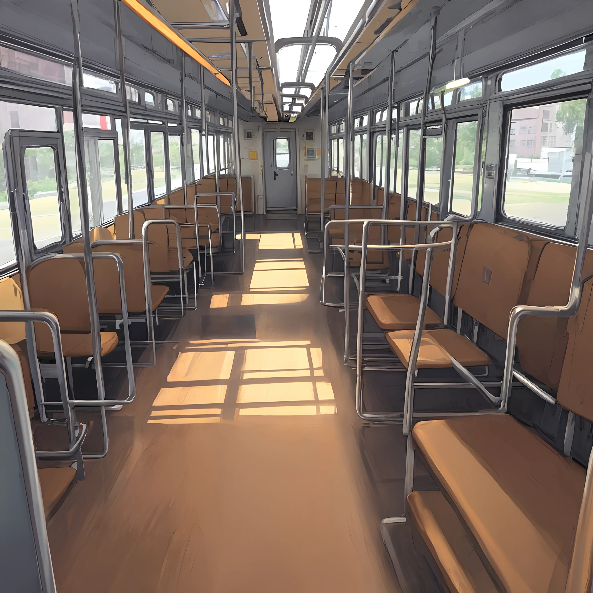 School bus empty seats looking at emergency door