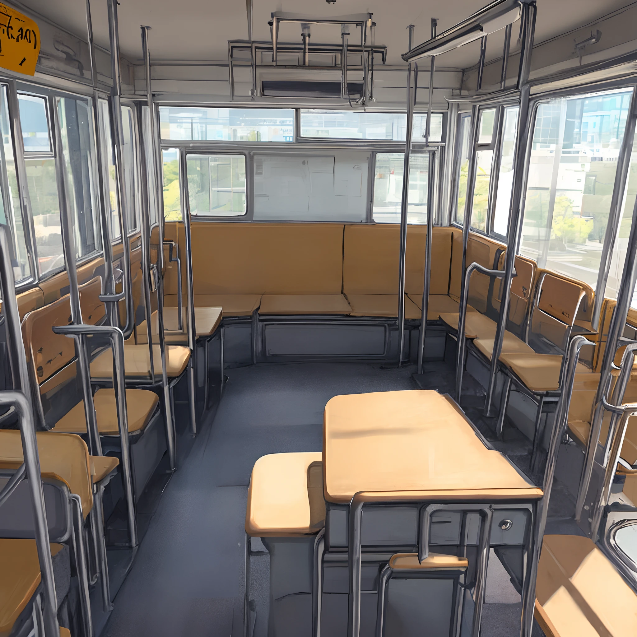 School bus empty seats looking at emergency door