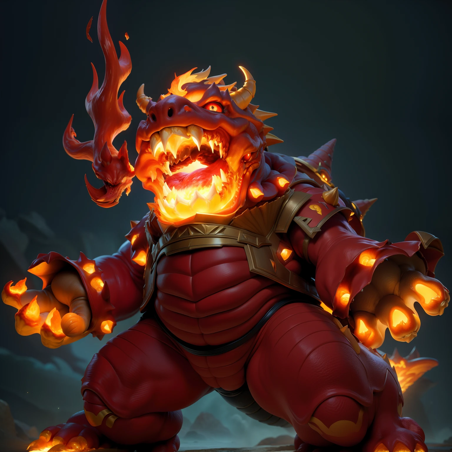 3dmm style,(masterpiece, top quality, best quality, official art, beautiful and aesthetic:1.2), (fractal art:1.3), 1Kaiju, high detailed, Bowser, king koopa, breathing fire, shell with spikes, tail, red hair, big & strong, dark lighting, serious face, looking the sky, sky, medium shot, yellow black ironman armor, mushroom Kingdom background, jewelry