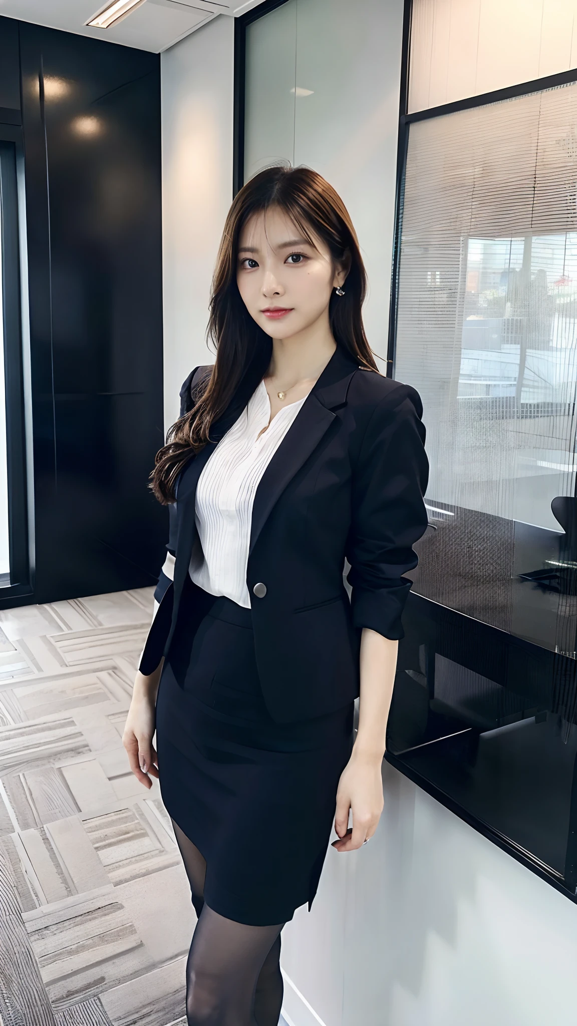 Classy upper-class elite secretary in business shirt, working in an office、Wearing a strict business suit, Wearing pantyhose、Wear high-end high heels、 Girl in a shirt, Wearing a business suit, Wearing a business suit, in a business suit, businesswoman, business clothes, wearing black business suit, Wear shirts and skirts, Woman in business suit, Business attire, business outfit, Raw photo, (8K、top-quality、​masterpiece:1.2)、(intricate detailes:1.4)、(Photorealsitic:1.4)、octane renderings、Complex 3D rendering ultra detail, Studio Soft Light, Rim Lights, vibrant detail, super detailing, realistic skin textures, Detail Face, Beautiful detail eyes, Very detailed CG Unity 16k wallpaper, make - up, (detailedbackground:1.2), Exposed thighs!!!,(Open Leg 1.5).Panties(Expensive lingerie).