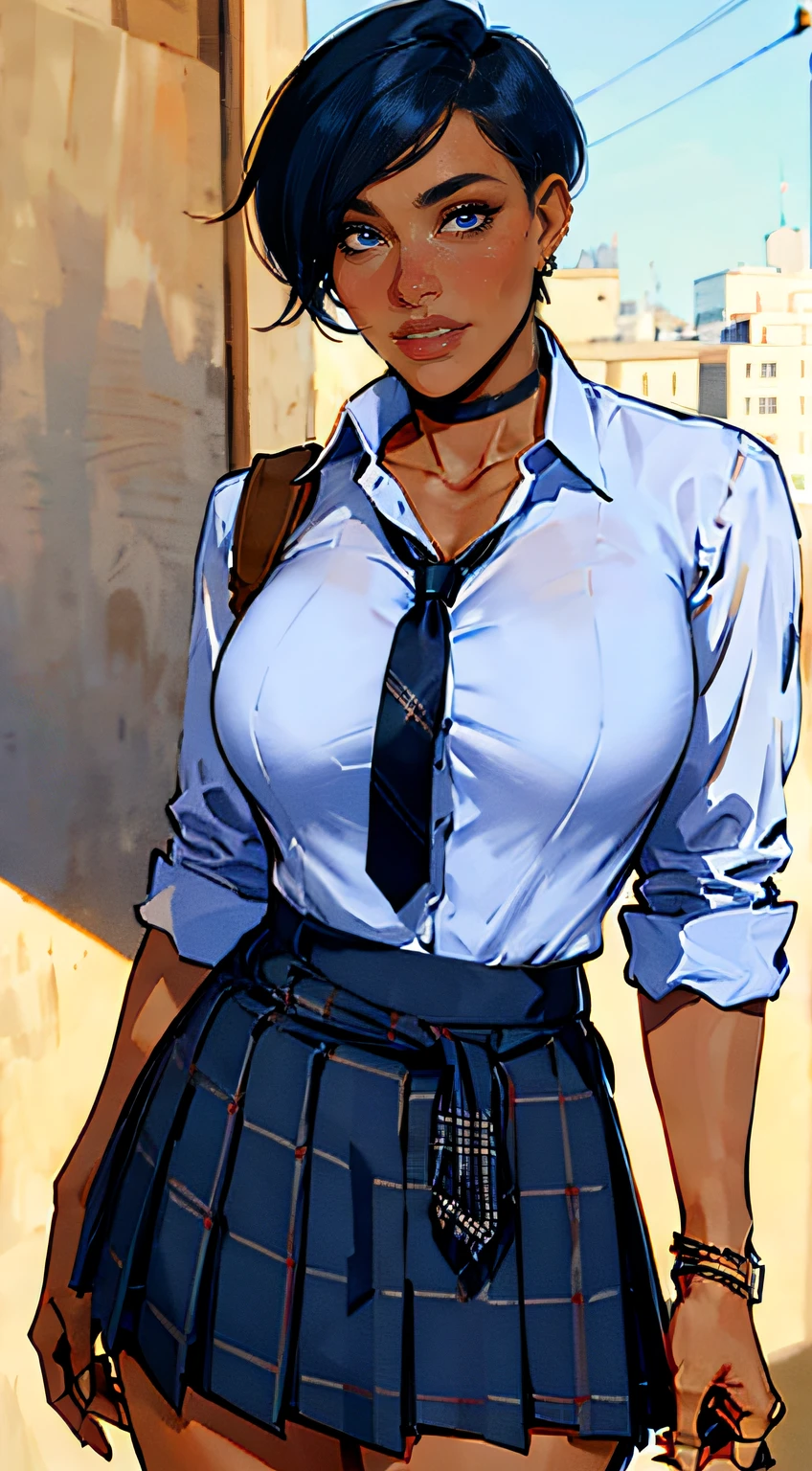 ch3rryg1g, masterpiece, best quality, 1girl, black choker, black necktie, dark skin, Tomboy, short hair, pixie cut, blue skirt, blush, bracelet, clothes around waist, collarbone, collared shirt, cowboy shot, dress shirt, ear piercing, eyebrows visible through hair, grin, gyaru, jewelry, kogal, long hair, looking at viewer, loose necktie, necktie, piercing, plaid, plaid skirt, pleated skirt, ring, school uniform, shirt, skirt, smile, solo, white shirt, fashionable, woman, outfit, posing,