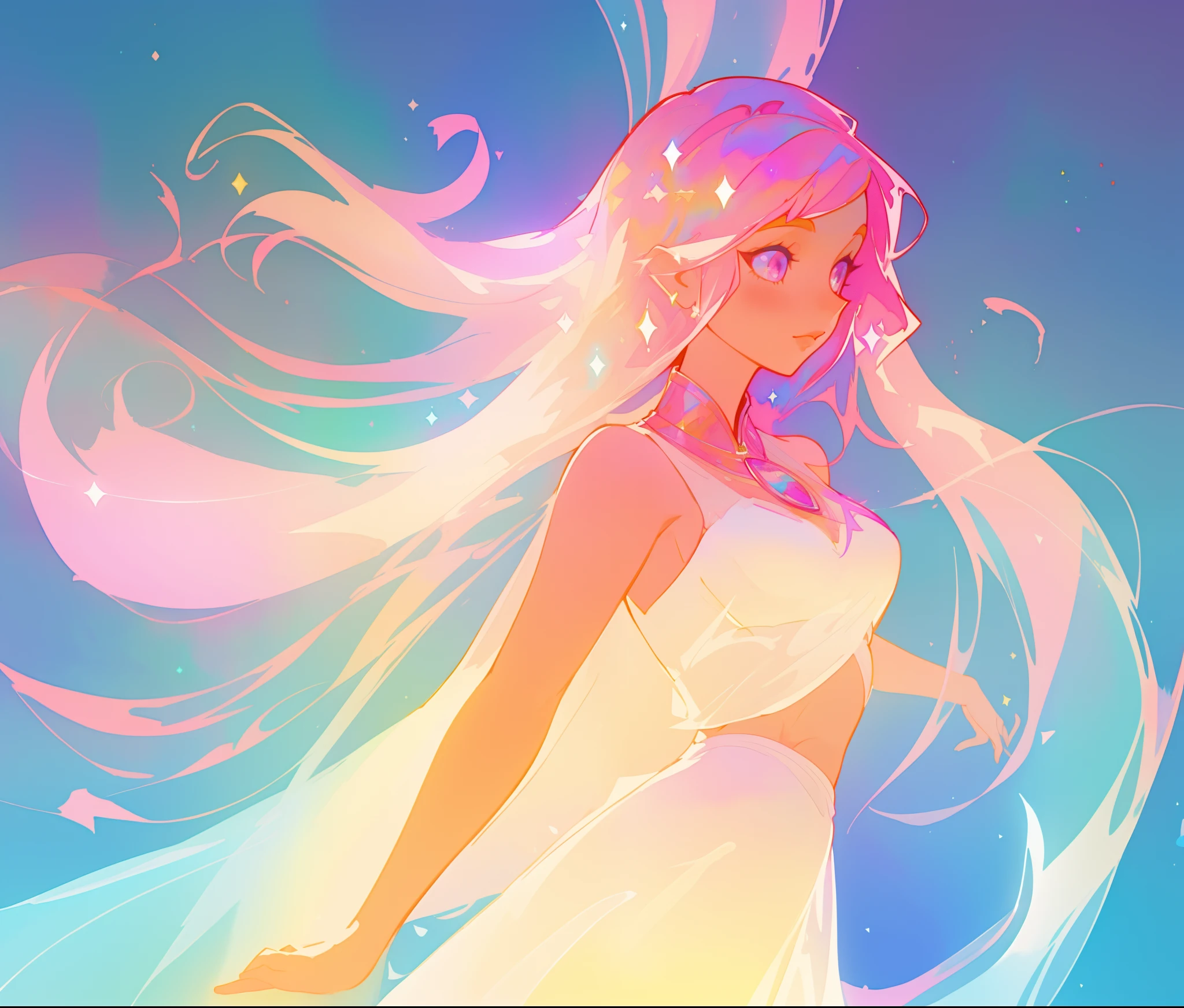 beautiful girl in white two piece dress, arabian dancer dress, long colorful sparkling pink hair, watercolor illustration, Lois van Baarle, glowing aura around her, Glen Keane, jen bartel, glowing hair, beautiful digital illustration, fantasia background, beautiful, masterpiece, best quality, anime disney style