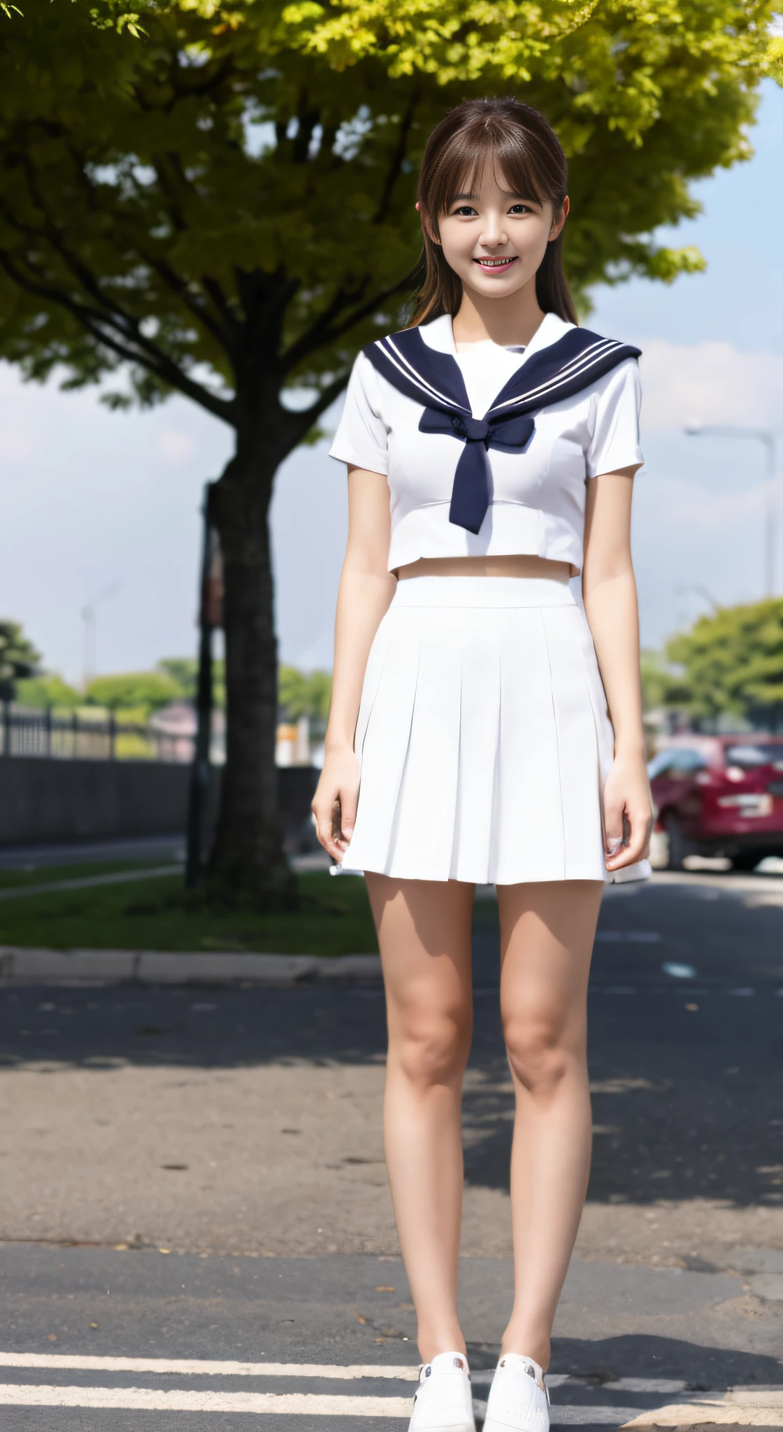 Ultra high-definition images,In the street,fullbody image, 1girl in, Solo, , White top and bottom sailor suit,Full Body Image Cloud, Brown hair, High-Definition Lens,fullbody image, Smile and turn to me，Facing here,fullbody image,You can see the Sky Tree in the background.,fullbody image,