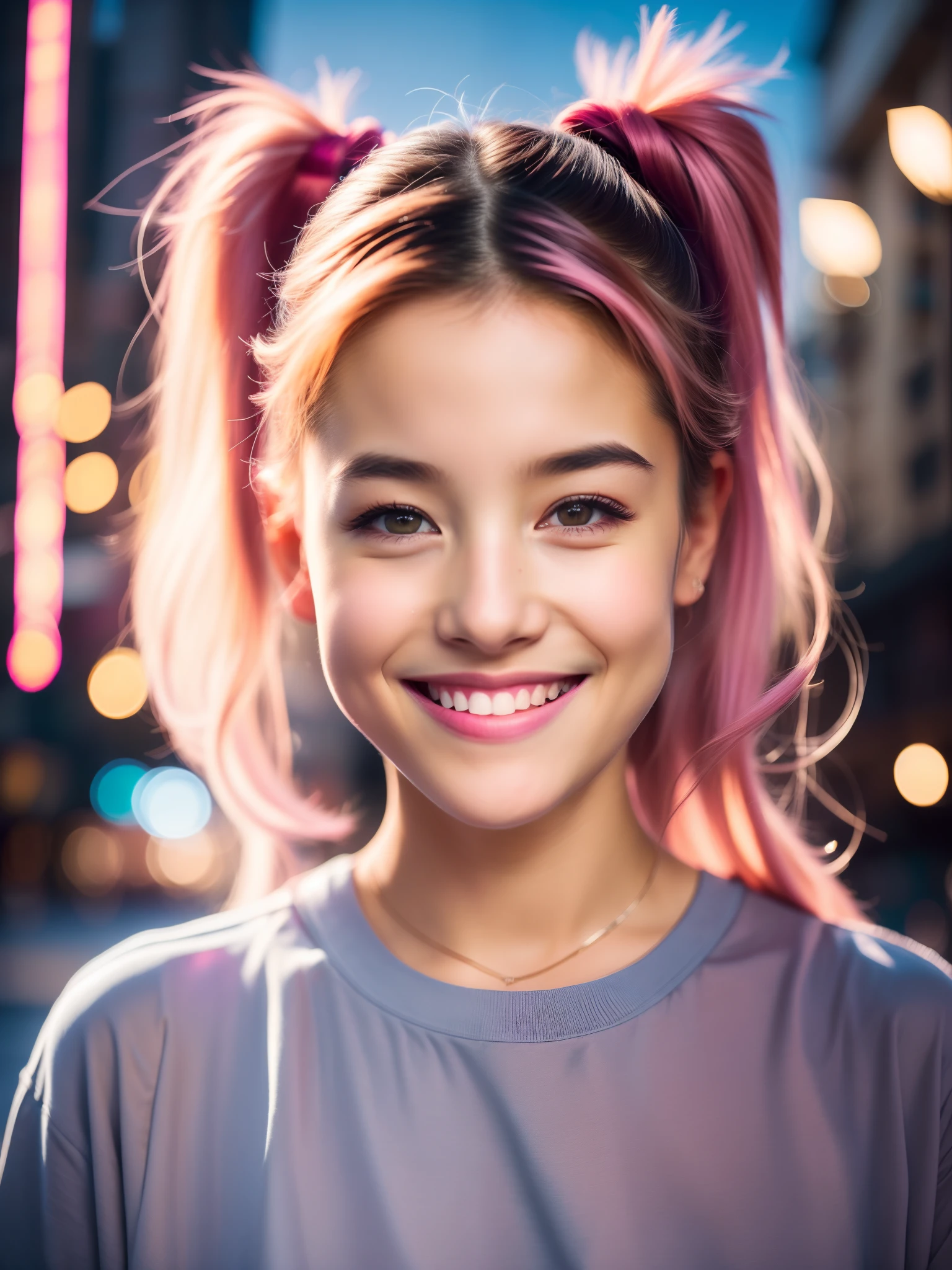 Portrait photo of a young girl, (laughing:0.7), pink ponytails hair, complex city background, backlit, (cinematic:1.5), epic realistic, hyperdetailed, insane details, intricate details, accent lighting, soft volumetric light, bokeh, (dramatic light:1.2), (neutral colors:1.3), cross process