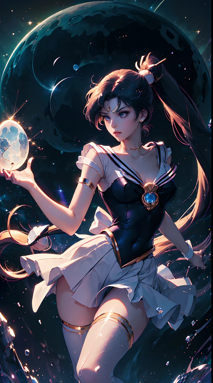 ((Masterpiece)), (Best Quality), (Ultra Detailed), ((Very Detailed)), 4K, (8K), Sailor Moon, Long Blonde Hair, Double Ponytail, Sailor Moon Aesthetics, Dream Core,HD lighting and dark )<=(epic image quality)dark atmosphere with bright particle light(many effects in background)