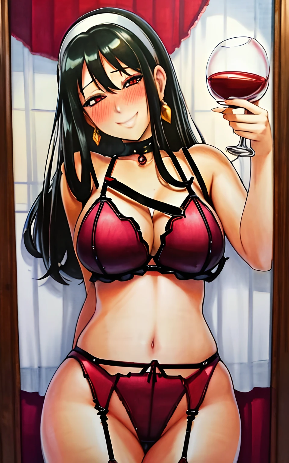 marker \(medium\), traditional media, unparalleled masterpiece, 8k uhd, perfect artwork, mature woman, yor, black hair, red eyes, long hair, photo, anime, (((lingerie))), (((blush))), white head band, golden earings, smile, wine glass, drunk