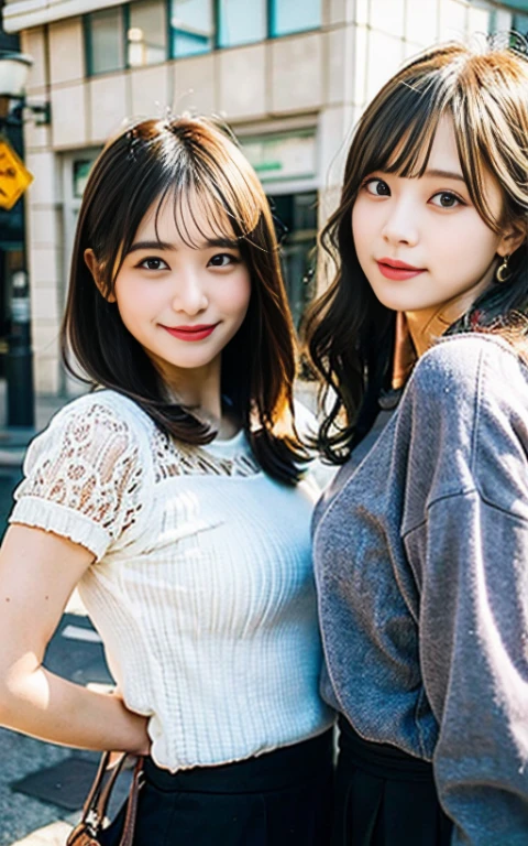 Take a group photo with three people, Real life girls, portrait of a japanese teen,(Best Quality,4K,8K,hight resolution,masutepiece:1.2),Ultra-detailed,(Realistic,Photorealistic,Photorealsitic:1.37),cute-style,dian,Dribbling High Detail 8K,Studio Lighting - V 6, Random skirt,Randomly cute clothes, Random Faces, Random curly hair