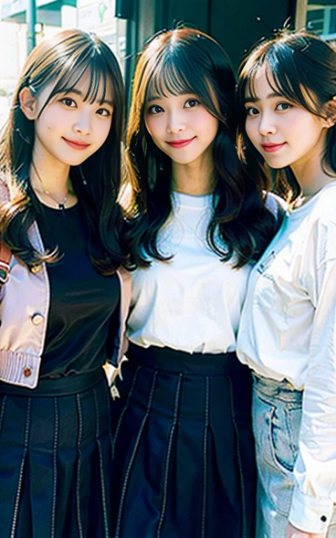 Take a group photo with three people, Real life girls, portrait of a japanese teen,(Best Quality,4K,8K,hight resolution,masutepiece:1.2),Ultra-detailed,(Realistic,Photorealistic,Photorealsitic:1.37),cute-style,dian,Dribbling High Detail 8K,Studio Lighting - V 6, Random skirt,Randomly cute clothes, Random Faces, Random curly hair