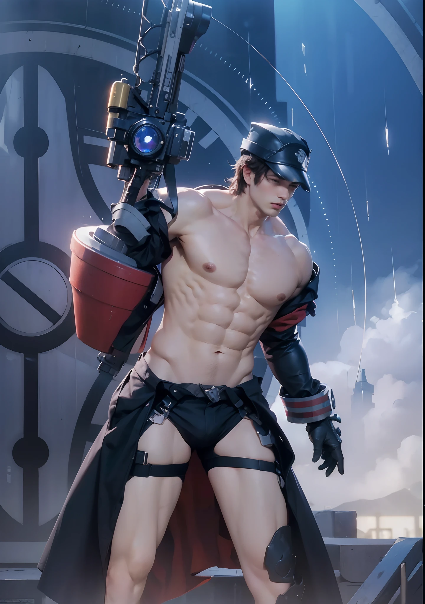 (max resolution: 1.2), (Ultra HDTV: 1.2), 8K resolution, Eye and skin details, detailed facial features, , (Sharp focus: 1, 2), ( Accurate focus) facial expressions: 1,2), Standing boy , (Brown hair)Handsome, (Shirtless), Shirtless, Perfect muscles, 8 pack, (Black briefs), Blue sky, Tree mortar, Transplant , Perfect muscular 8-pack body