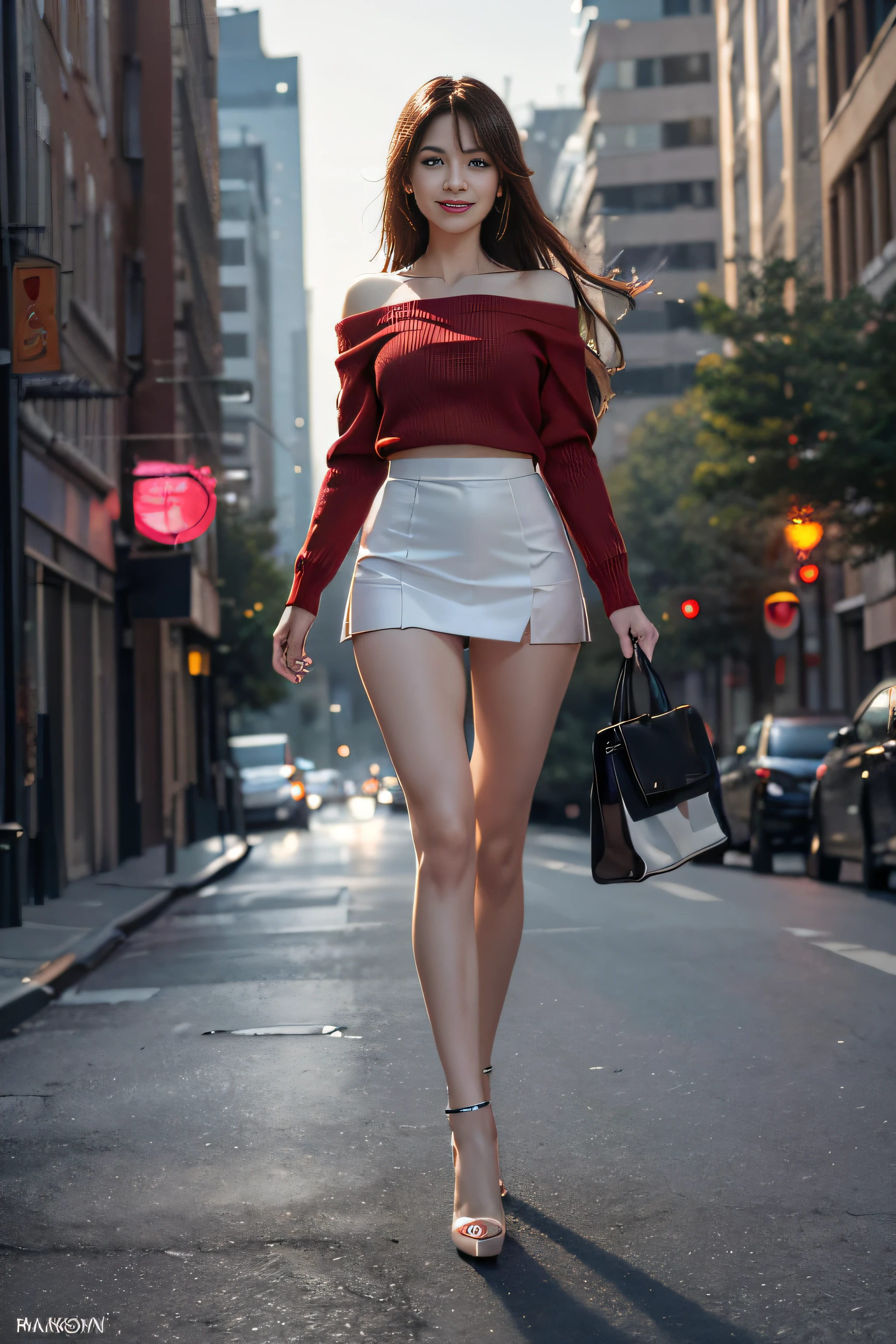 8K, masutepiece, Raw photo, Best Quality, Photorealistic, Highly detailed CG Unity 8k wallpaper, depth of fields, Cinematic Light, Lens Flare, Ray tracing, (Extremely beautiful face, Beautiful lips, Beautiful eyes), intricate detail face, ((Ultra detailed skin)) 1girl in, In the Dark, deepshadow, cute asian girl, 1 girl, (Very slim and slender fit muscular body:1.3), ((Looking at Viewer)),(Big smile:1.3), (Short skirt ), (Red mini skirt ),Clear eyes, Walking , Front shot, (pale skin), (Big eyes), Face forward, (Red Shirt), (Brown hairs), ((Off-the-shoulder hand-knitted immaculate white sweater)),(Looking at Viewer:1.3) Very slim, medium breasts, (Camel toe), Black stockings with lace, neons, Night, Dim light, Cityscape, Blurry background, Street, Buildings, tree, , (high-heels), ((Full body shot)), (opened breast)(Black Leather Hot Pants)