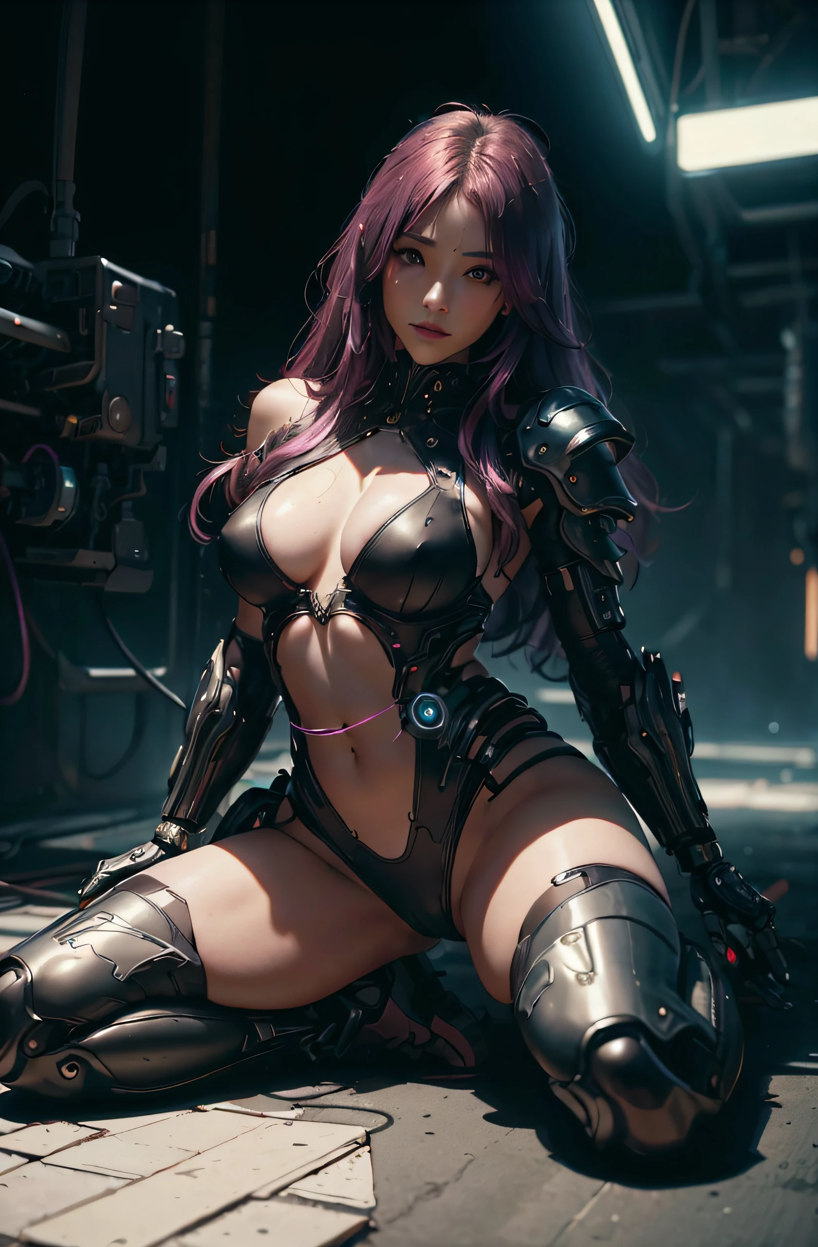 ((masterpiece, best qualtiy)),, ultra-detailed 8K, realist, Clear focus, ighly detailed, Pro lighting, , Rainbow Color, Beautiful Cyberpunk Woman、(Super beautiful)、(ultra beautiful faces)、(A detailed face)、(Super long hair)、(Hair shining in magenta)、Mechanical Armor、Cyber Armor、、LED Coloring、s Armor、((Exposed))、(Navel out)、pin heels、、cleavage、(Cameltoe)、Very sexy pose、Poses to seduce , Cyberpunk city background