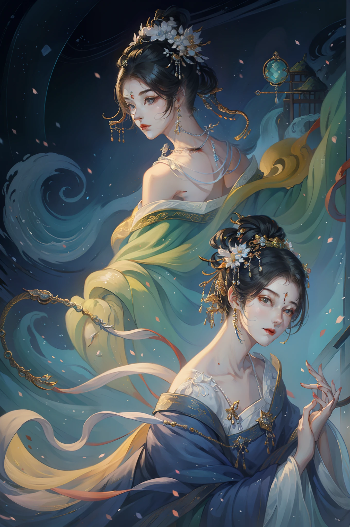 Delicate facial features，Clear faces，Clean forehead，Antique coiled hair，Antique hair accessories，One word shoulder Chinese law