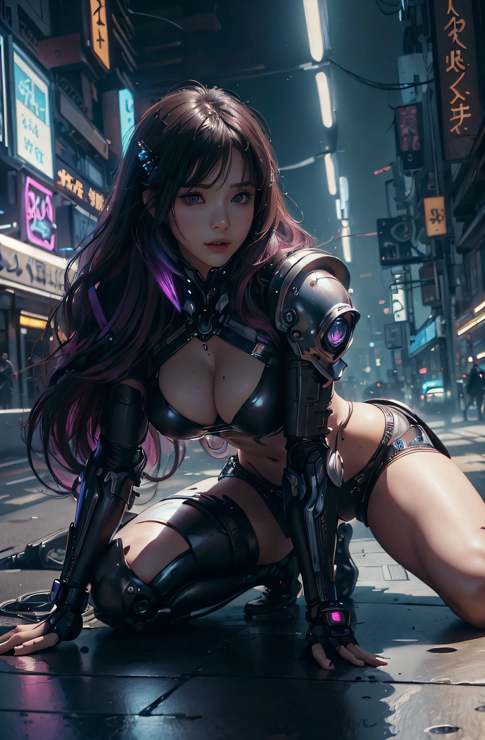 ((​masterpiece, best qualtiy)),, ultra-detailed 8K, realist, Clear focus, ighly detailed, Pro lighting, , Rainbow Color, Beautiful Cyberpunk Woman、(Super beautiful)、(ultra beautiful faces)、(A detailed face)、(Super long hair)、(Hair shining in magenta)、Mechanical Armor、Cyber Armor、、LED Coloring、s Armor、((Exposed))、(Navel out)、pin heels、、cleavage、(????????)、Very ???? pose、Poses to seduce , Cyberpunk city background