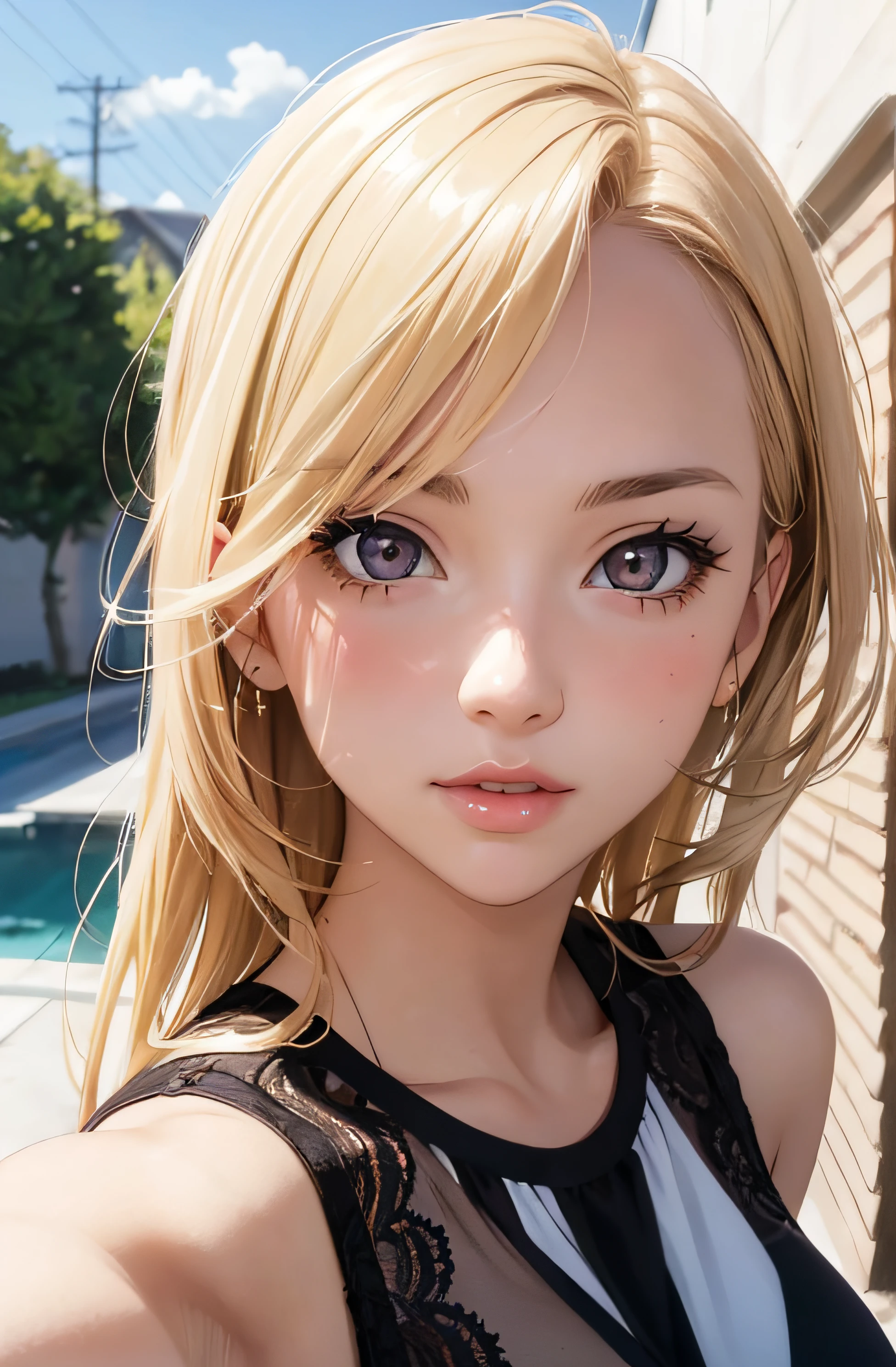 girl in summer clothes, top shot,((selfie)), brown eyes, blonde hair, random background, kiss, beautiful, medium breasts, flirtatious look, ((very detailed)), (perfectly detailed face), (well detailed hand), photorealistic image.