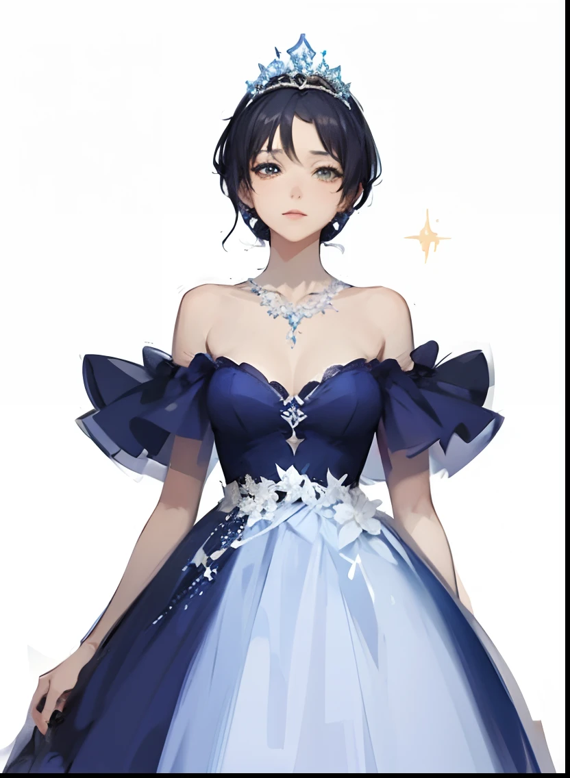a woman in a blue and white dress with a tiara, cute anime waifu in a nice dress, wearing fantasy formal clothing, beautiful drawing style, digital art of an elegant, beautiful character painting, fantasy dress, beautiful anime style, magical dress, wearing a magnificent dress, ((a beautiful fantasy empress)), fantasy art style, detailed dress and face, style anime, princess, anime portrait, 8k quality