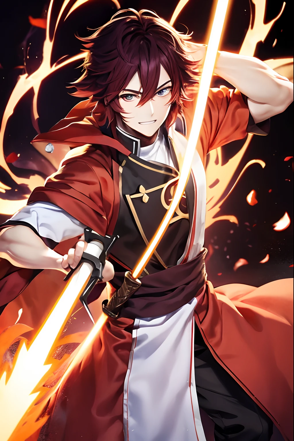 Anime Pixar Style Character Holding a Sword in Combat Position. He's wearing a red robe. Ele tem cabelo preto. The sword is golden and silver. The background is a blur of red and orange colors. Homem de anime, olhos vermelhos escuros, homem bonito anime, Retrato anime de um homem bonito, Conceito de anime HD, personagem de anime masculino. His hair is BLACK