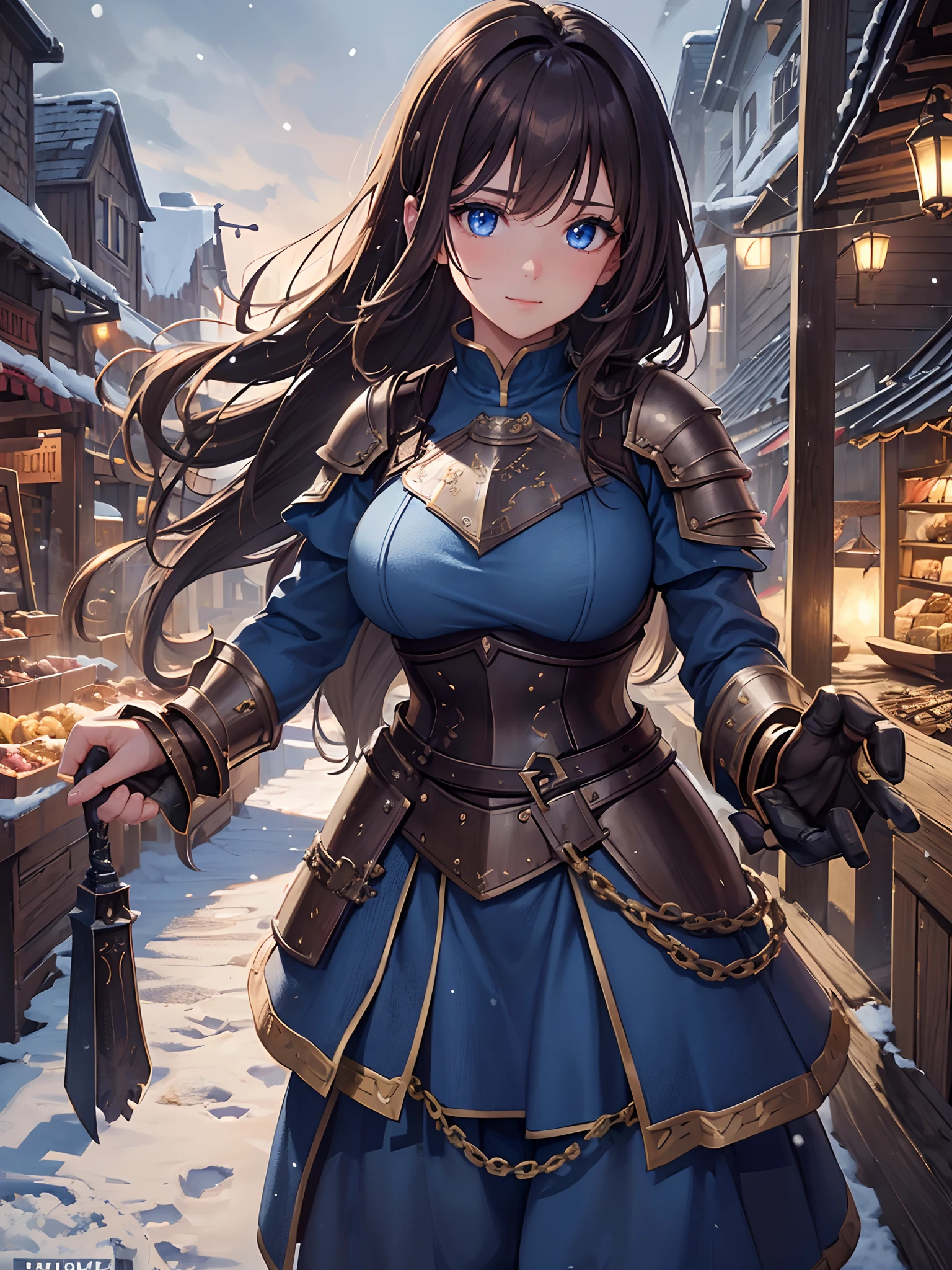 ((Extremely detailed)), 4K, ((cinematic lighting)), Close up, fantasy world, medieval, cobblestone city, wooden stone houses, snow, marketplace, market stalls, adult woman, dirty, guard, long brown hair, blue eyes, ((beautiful eyes)), happy look, blue tunic, armor, steel plate shoulders, gauntlets, chainmail, medium breasts