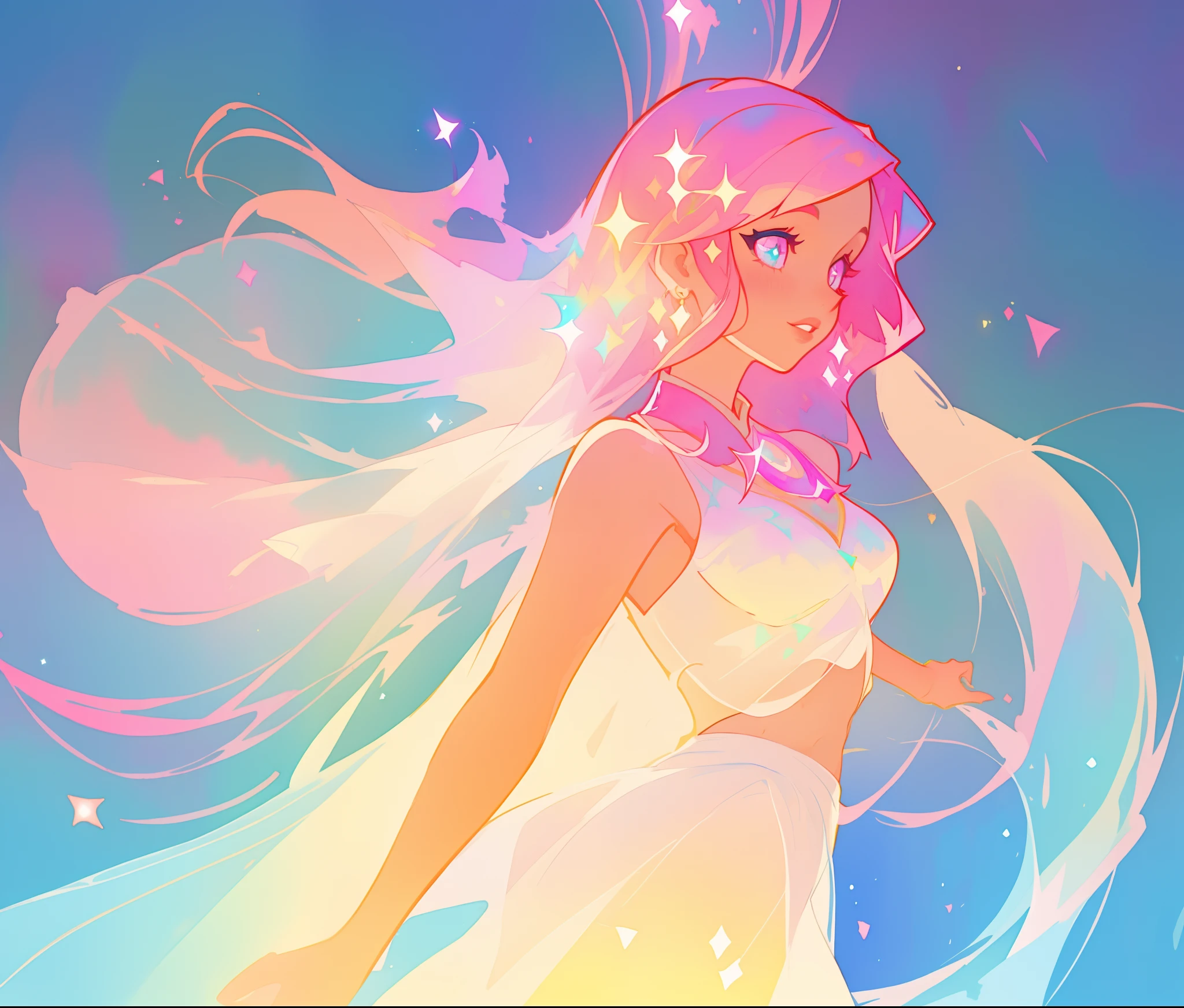 beautiful girl in white two piece dress, arabian dancer dress, long colorful sparkling pink hair, watercolor illustration, Lois van Baarle, glowing aura around her, Glen Keane, jen bartel, glowing hair, beautiful digital illustration, fantasia background, beautiful, masterpiece, best quality, anime disney style