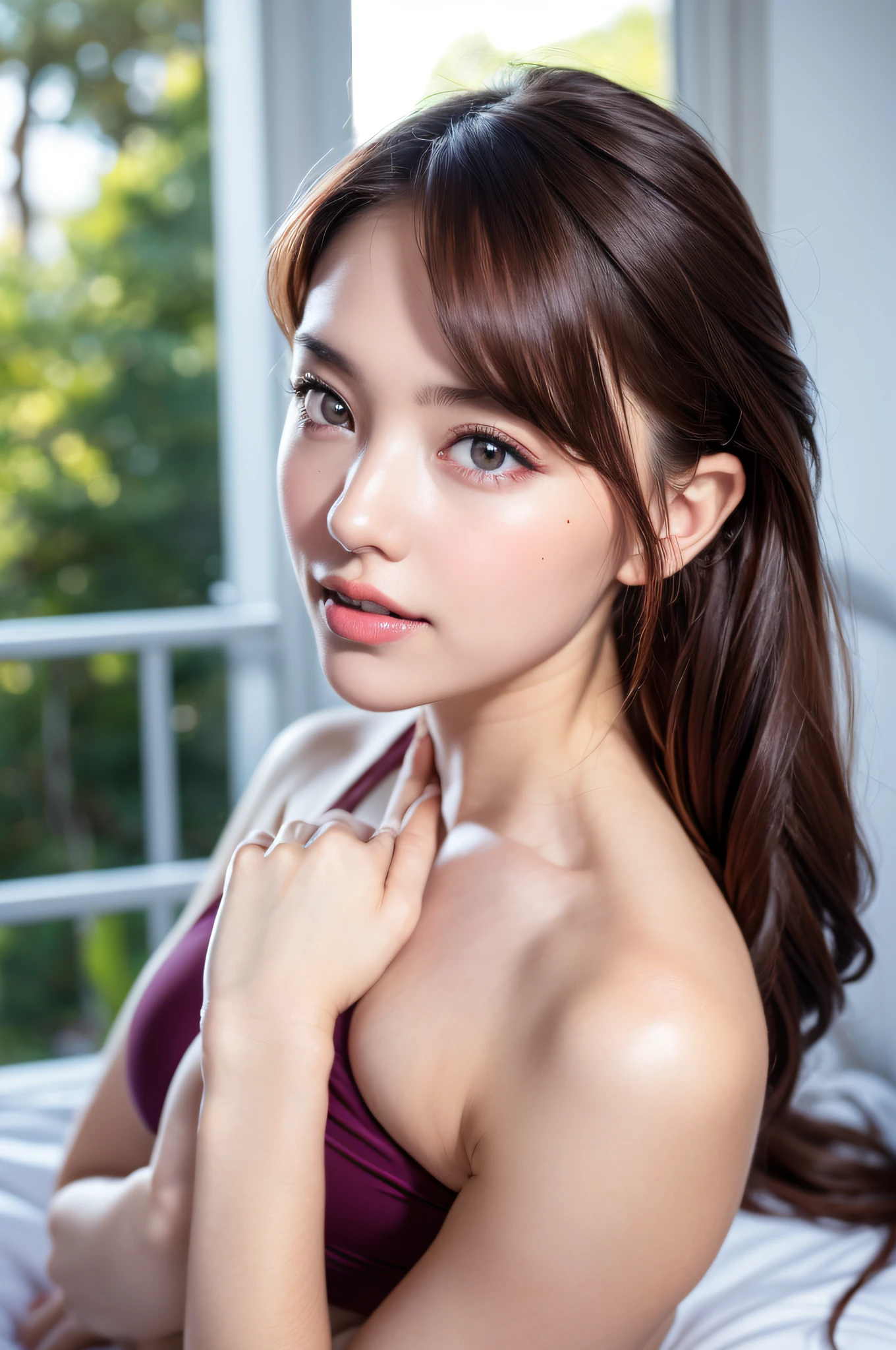 ((top quality, 8k, masterpiece: 1.3)), Sharp Focus: 1.2, Beautiful woman in perfect style, wearing a swimsuit sitting in bed: 1.4, perfect eyes, perfect iris, perfect lips, perfect teeth, perfect skin, no moles, water droplets on face, slender abs: 1.2, ((dark brown hair, big: 1.2)), (natural light, balcony: 1.1), highly detailed face and skin texture, detailed eyes, double eyelids,