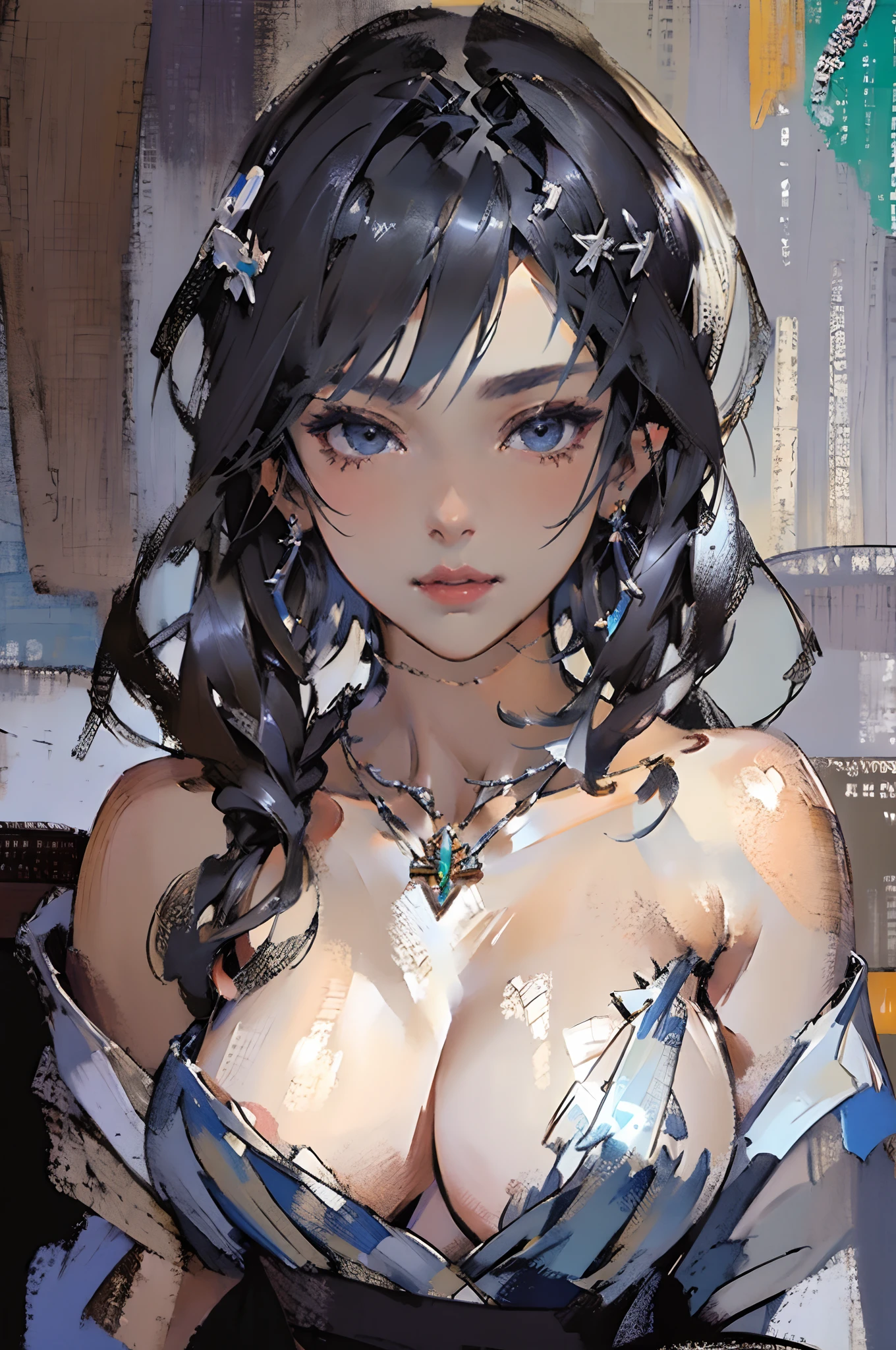 sankta. Luigi (luxurious wheels) (azur lane), 1girll, hair adornments, Earrings, necklace, Portrait, Silver dress, Clothing that exposes, view the viewer, Solo,Oil painting by Fei Xin,Fechin oil painting,