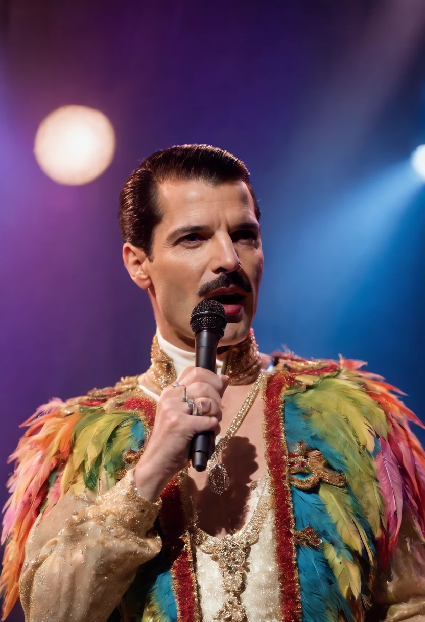 The image is of Freddie Mercury in a colorful feathered outfit, holding a microphone and passionately singing on stage.,original,Freddie Mercury