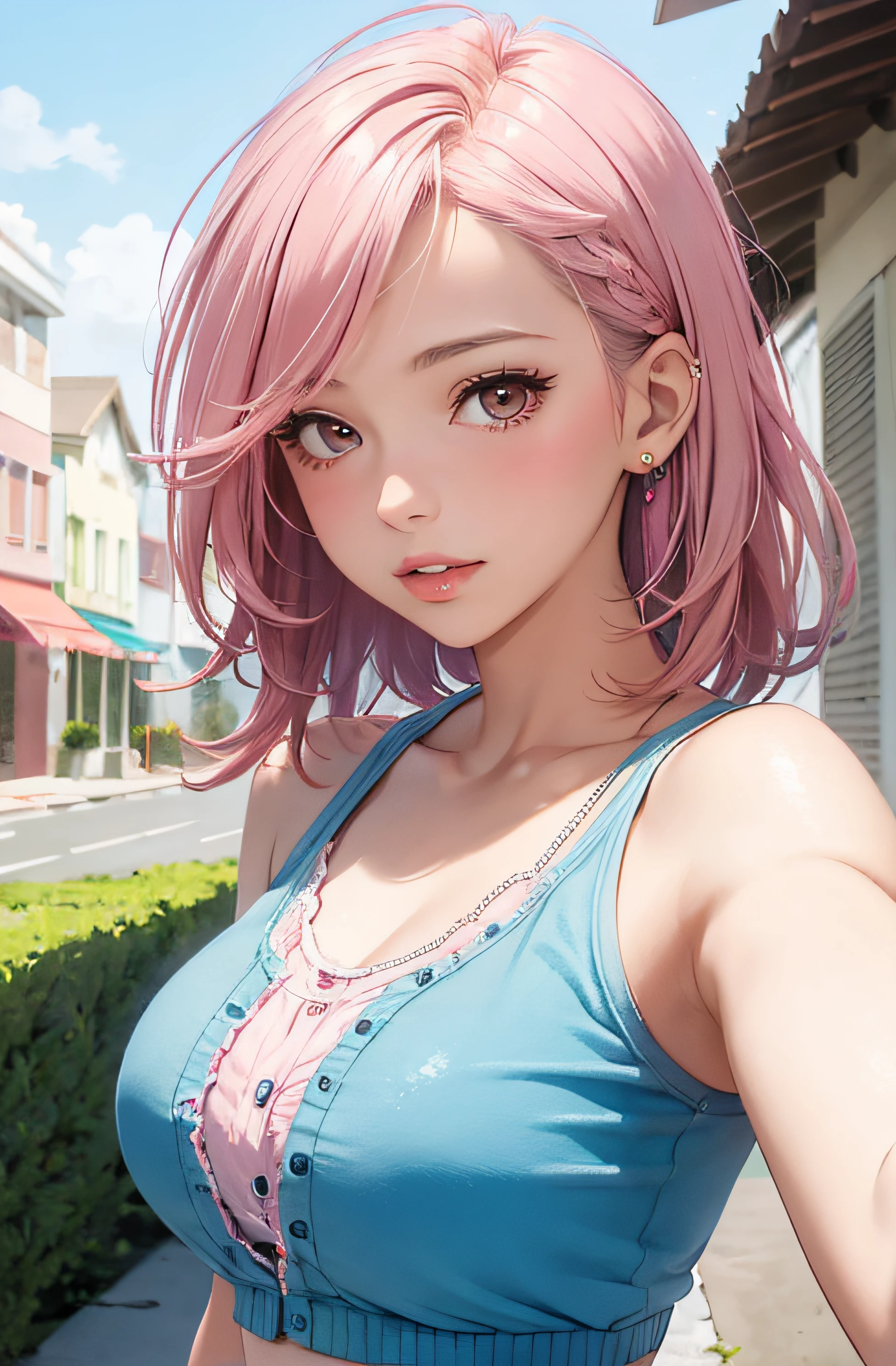 White hair. Short hair. Inner pink hair. Anime girl. Pink eyes. Glowing eyes. Nekomimi. Smile. Tanktop. Forest.