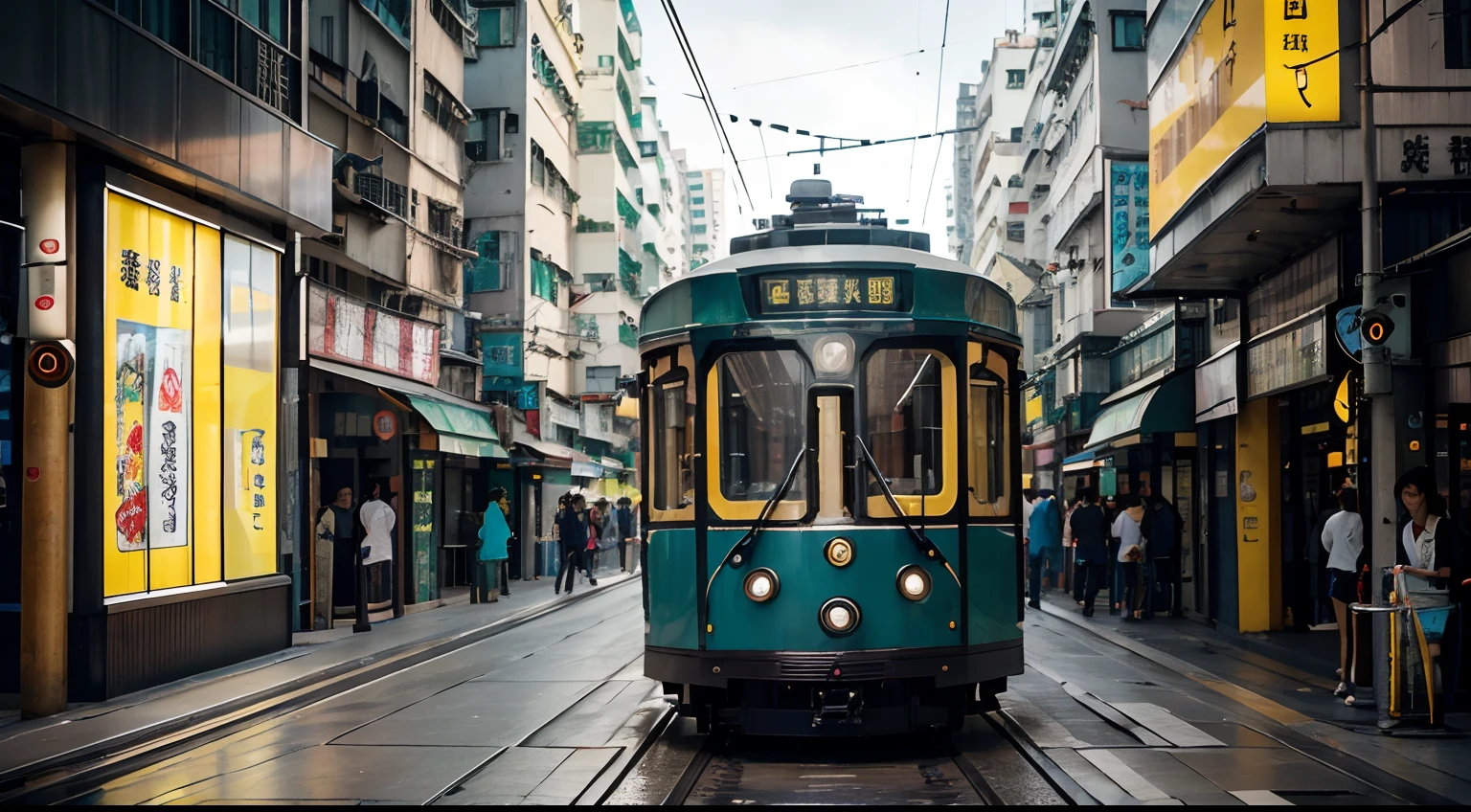 a hyper realistic photography of a tram in hong kong, no people, no words, Nikon D850 DSLR 4k camera, 100mm lens, F 1.2 aperture setting, bright and natural lighting, vibrant, fun and relaxing atmosphere