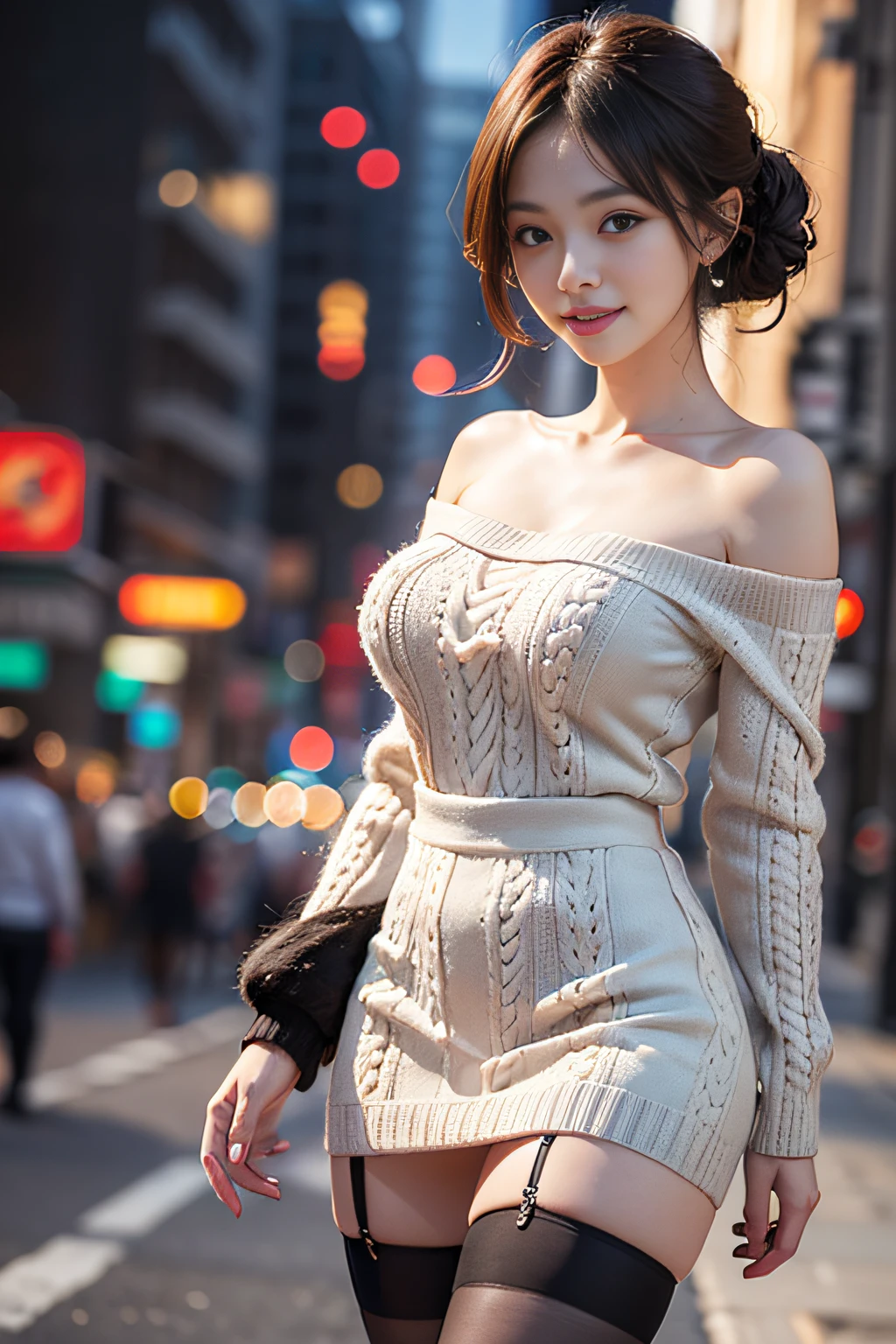 8K, masutepiece, Raw photo, Best Quality, Photorealistic, Highly detailed CG Unity 8k wallpaper, depth of fields, Cinematic Light, Lens Flare, Ray tracing, (Extremely beautiful face, Beautiful lips, Beautiful eyes), intricate detail face, ((Ultra detailed skin)) 1girl in, In the Dark, deepshadow, cute asian girl, 1 girl, (Very slim and slender fit muscular body:1.3), ((Looking at Viewer)),(Big smile:1.3), (Short skirt ), (Red mini skirt ),Clear eyes, Walking , Front shot, (pale skin), (Big eyes), Face forward, (Red Shirt), (Brown hairs), ((Off-the-shoulder hand-knitted pure white dress sweater)),((Black tight mini skirt))、(Looking at Viewer:1.3) Very slim, medium breasts, (Camel toe), Black stockings with lace, neons, Night, Dim light, Cityscape, Blurry background, Street, Buildings, tree, , (high-heels), Full body shot, (opened breast)