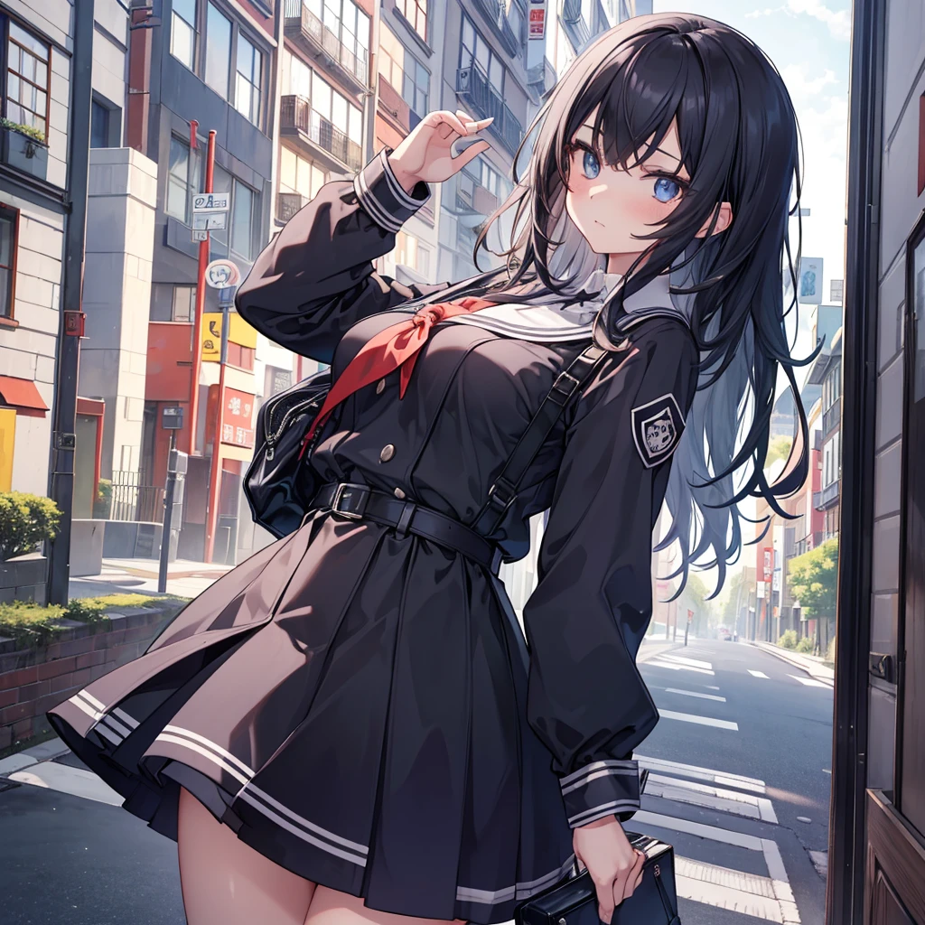 top quality,masterpiece,​masterpiece,8k,High level of image quality,High pixel count,1 female,1 girl,solo,no background,White background,maori land,a smile,dark blue eyes,A black-haired one,long,straight hair,deep blue jacket,closed jacket,dark blue skirt,(Uniforms,school uniform),,Full body female love,standing,facing forward,cowboy shooting,