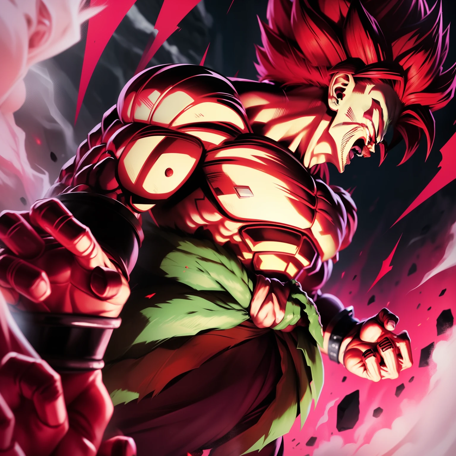 Male darkness in Hell, with red eyes, chains, sexy, strong, mainly, Broly, 1boy, closed mouth, male focus, muscular, muscular male, rock, sash, serious, solo, spiked hair, topless male, torn clothes, legendary super saiyan, black and red hair, closed fists, red lighting and flames around character, cross earrings, showing full body, face full of rage, eyes glowing red, dragon ball concept art, perfect looking hands (masterpiece)