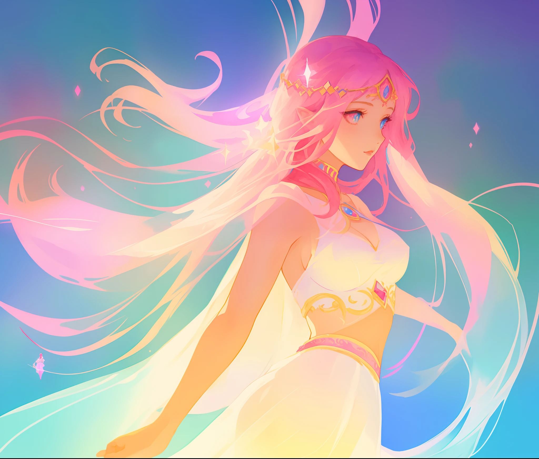 beautiful girl in white arabian dancer two piece dress, arabian princess, long colorful sparkling pink hair, watercolor illustration, Lois van Baarle, glowing aura around her, Glen Keane, jen bartel, glowing hair, beautiful digital illustration, fantasia background, beautiful, masterpiece, best quality, anime disney style, (detailed eyes)