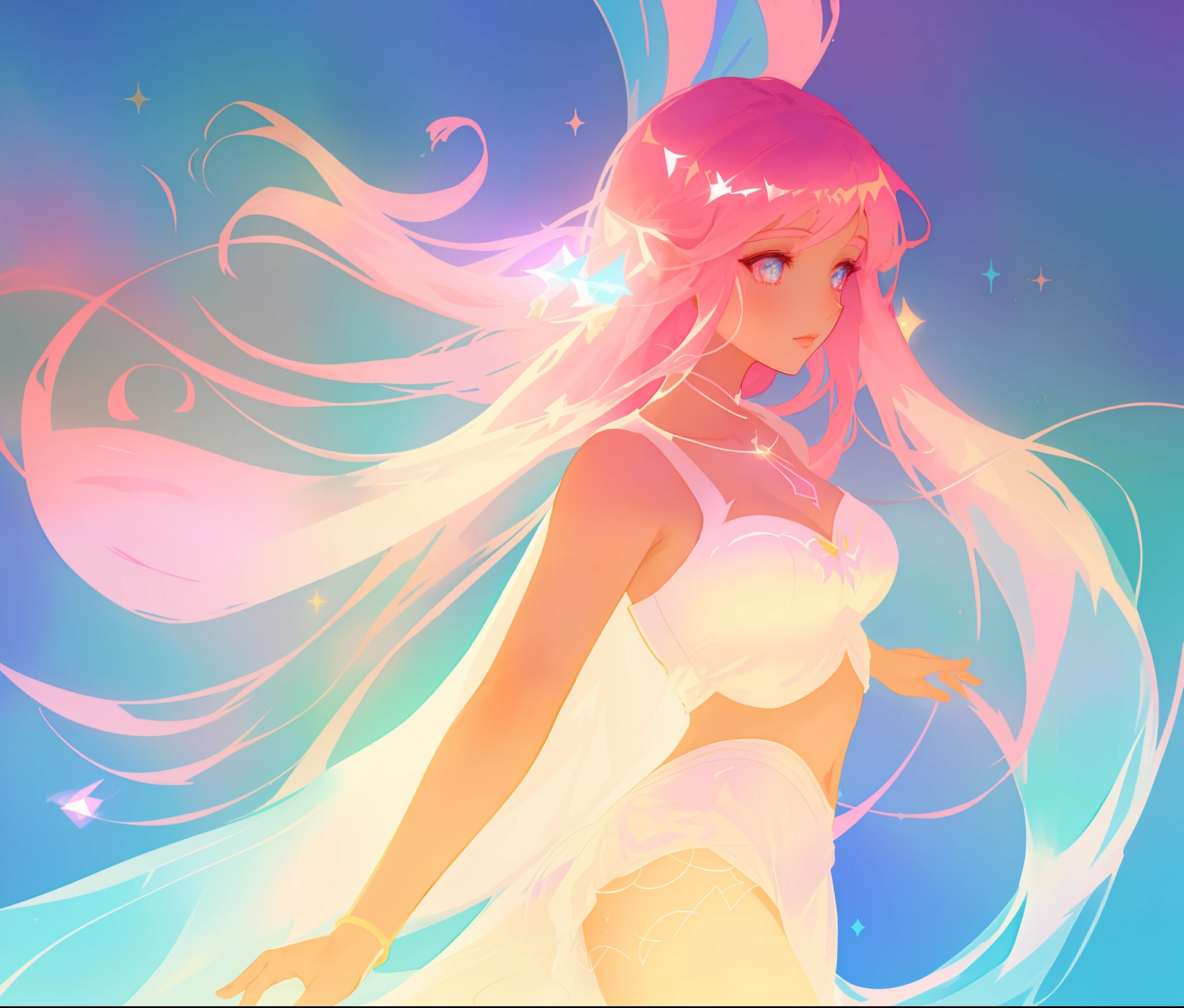 beautiful girl in white arabian dancer two piece dress, arabian princess, long colorful sparkling pink hair, watercolor illustration, Lois van Baarle, glowing aura around her, Glen Keane, jen bartel, glowing hair, beautiful digital illustration, fantasia background, beautiful, masterpiece, best quality, anime disney style, (detailed eyes)